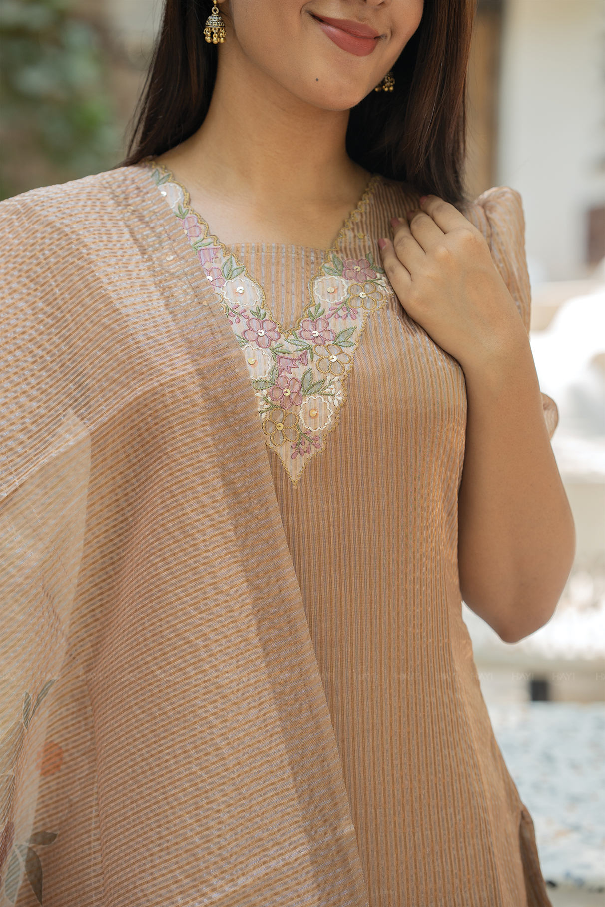 Serene Beige Floral Yellow Crush Silk Kurta Set with Dupatta