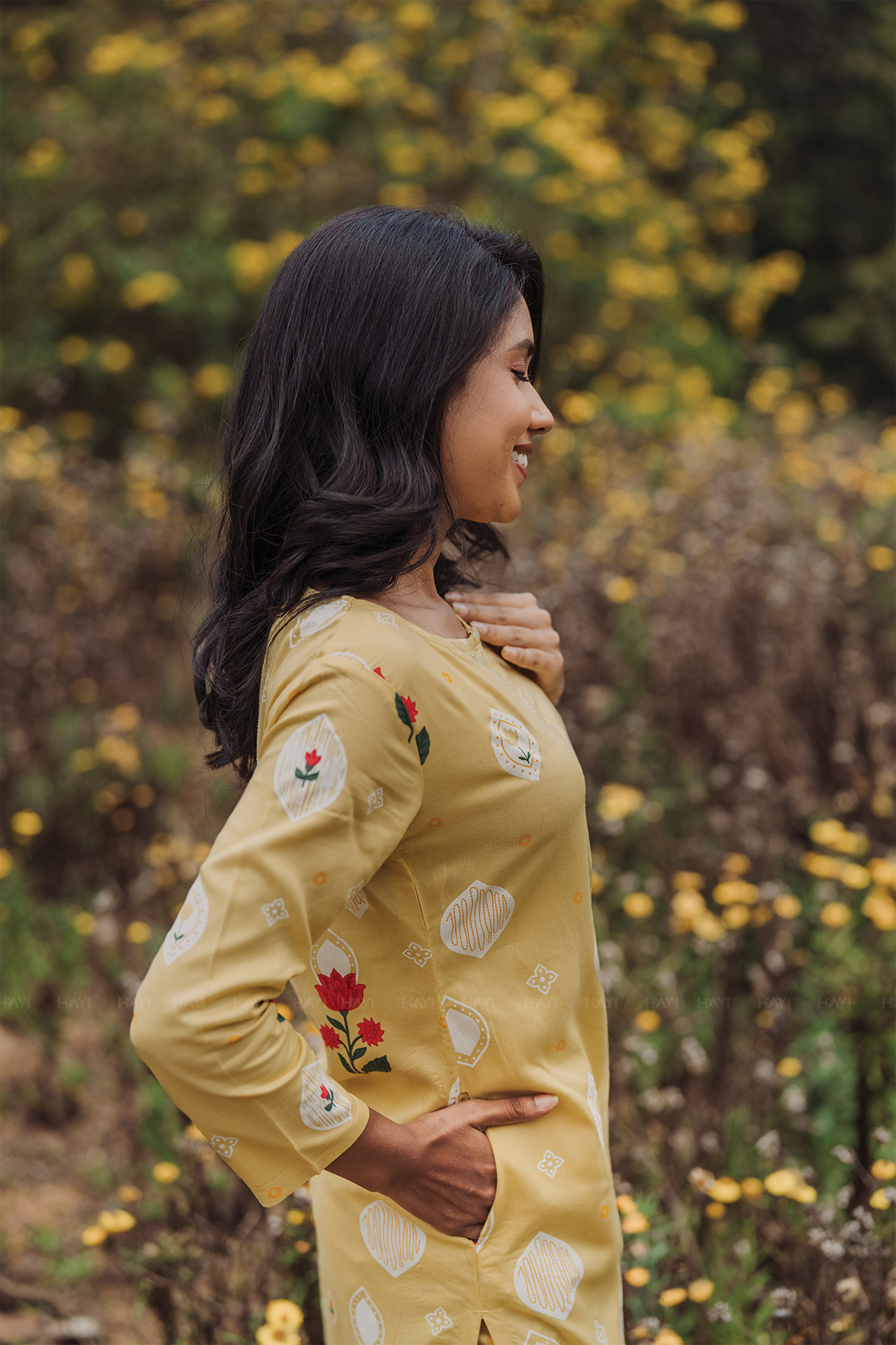 Lumea Bloom Yellow Viscose Co-ord with Boat Neck &amp; 3/4th Sleeves