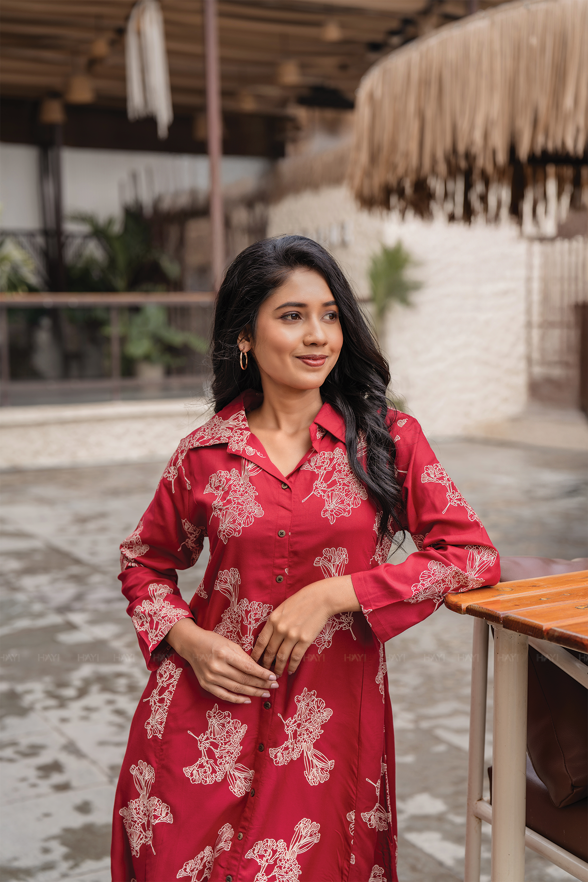 Flora Ensemble Red Viscose Co-ord with Shirt Collar &amp; 3/4th Sleeves