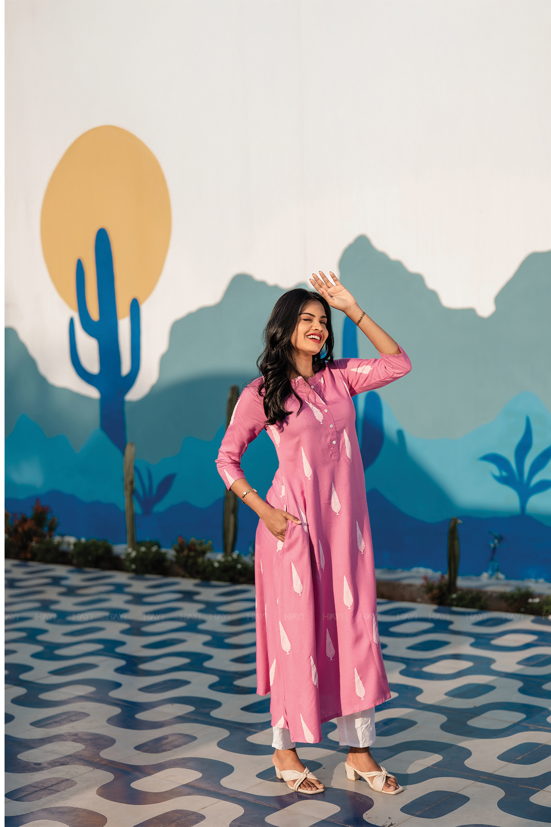 Blush Fern Onion Pink Viscose A-Line Kurta with Chinese Collar &amp; 3/4th Sleeves