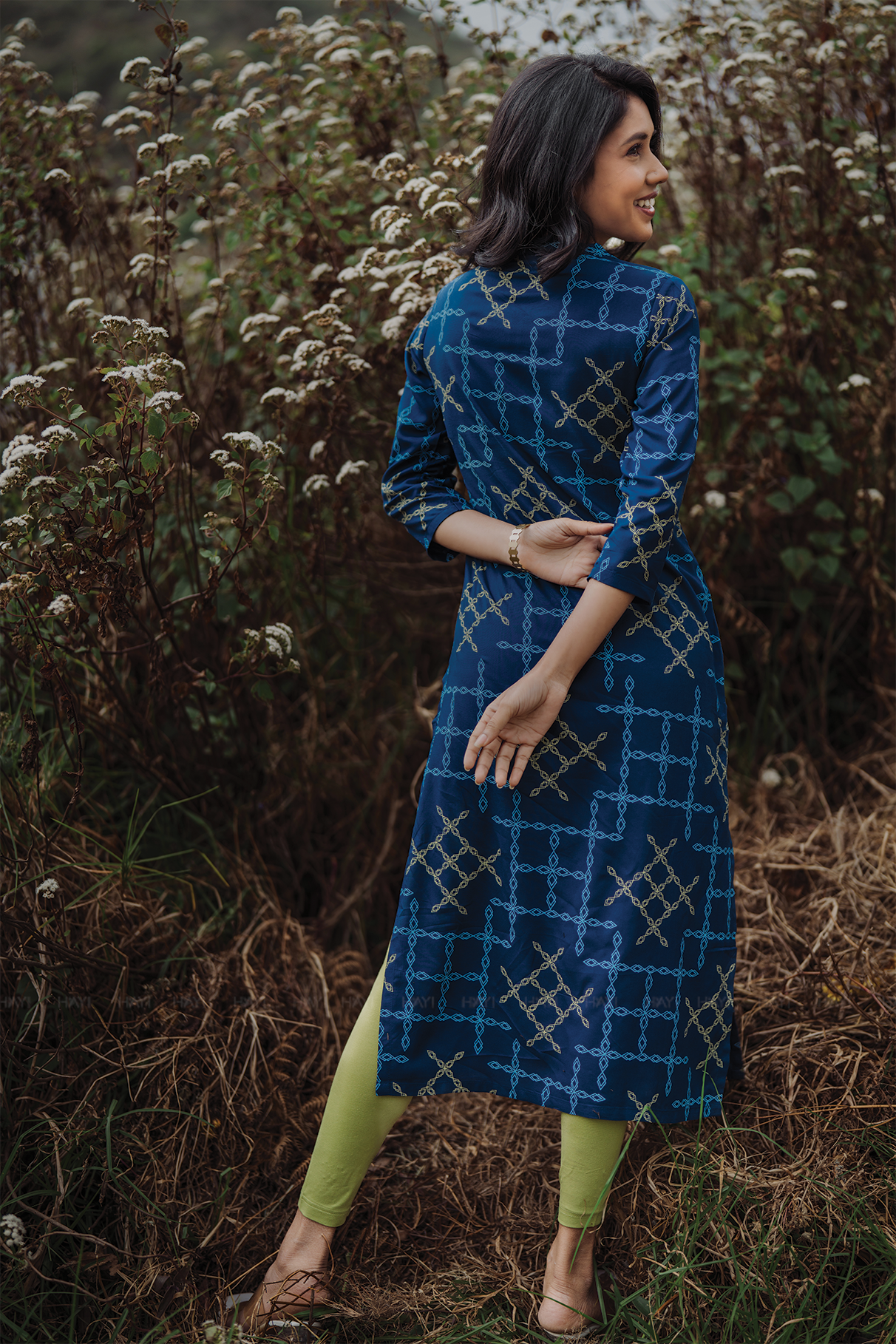 Starlink Grace Navy Viscose Kurta with Chinese Collar &amp; 3/4 Sleeves