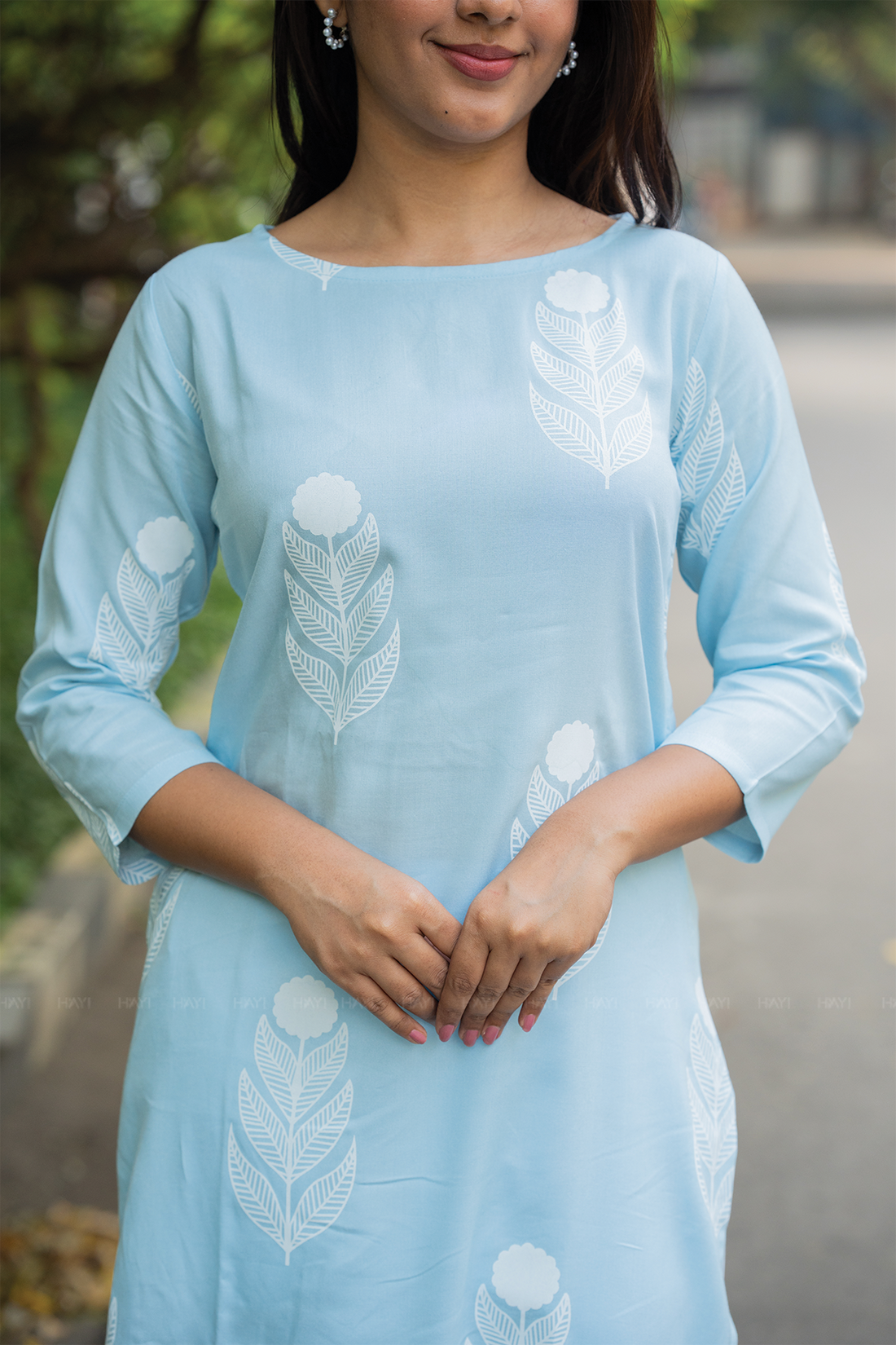Cottage Bloom Blue Viscose Kurta with Boat Neck &amp; 3/4 Sleeves