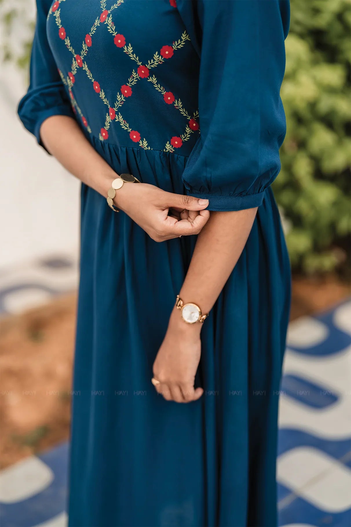 Regal Bloom Teal Viscose Dress with Square Neck &amp; 3/4th Sleeves