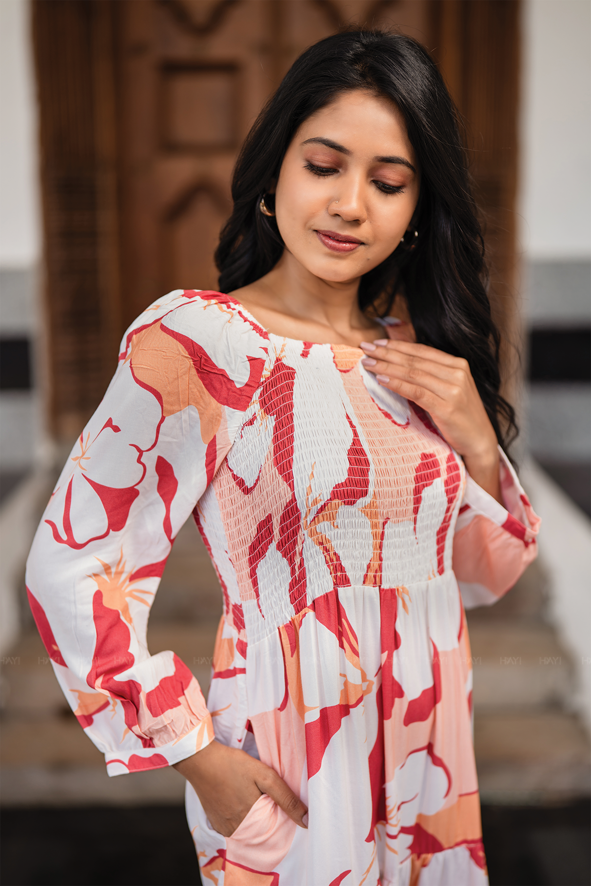 Sweet Sunset Beige Viscose Dress with Square Neckline &amp; 3/4 Sleeves with Gathered Cuffs