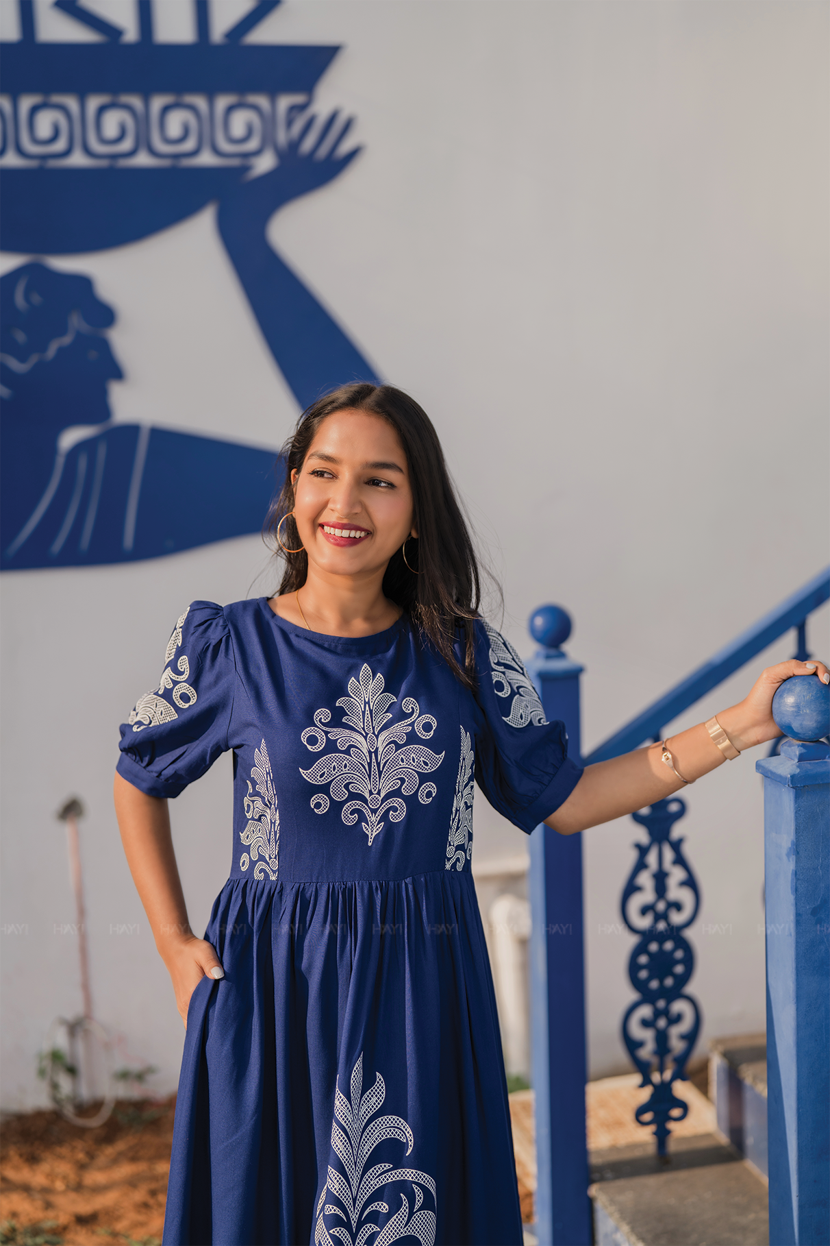 Ornate Panel Blue Viscose Dress with Boat Neck &amp; Puff Sleeves