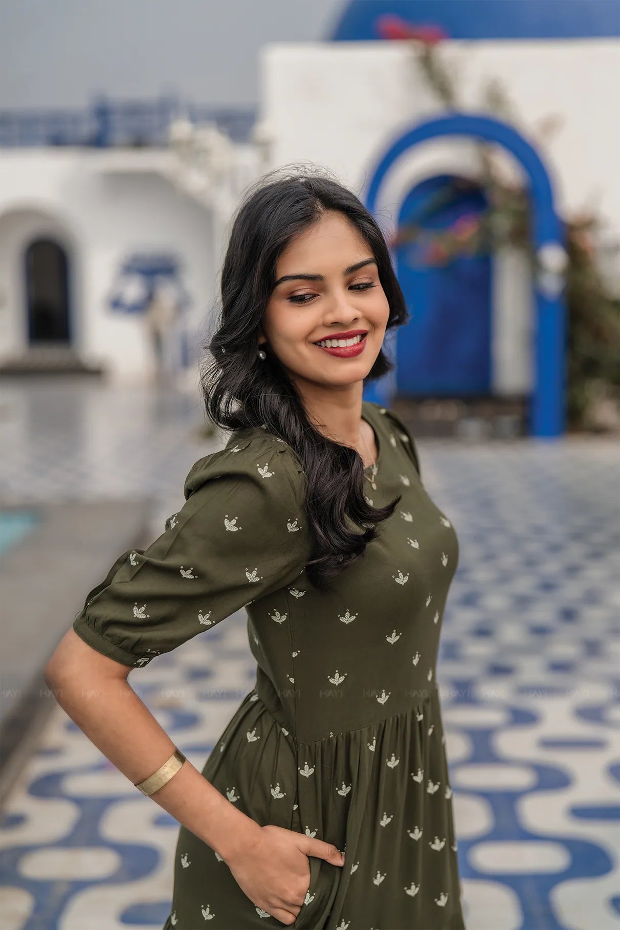 Vriksha Bloom Green Viscose Dress with Boat Neck &amp; Puff Sleeves
