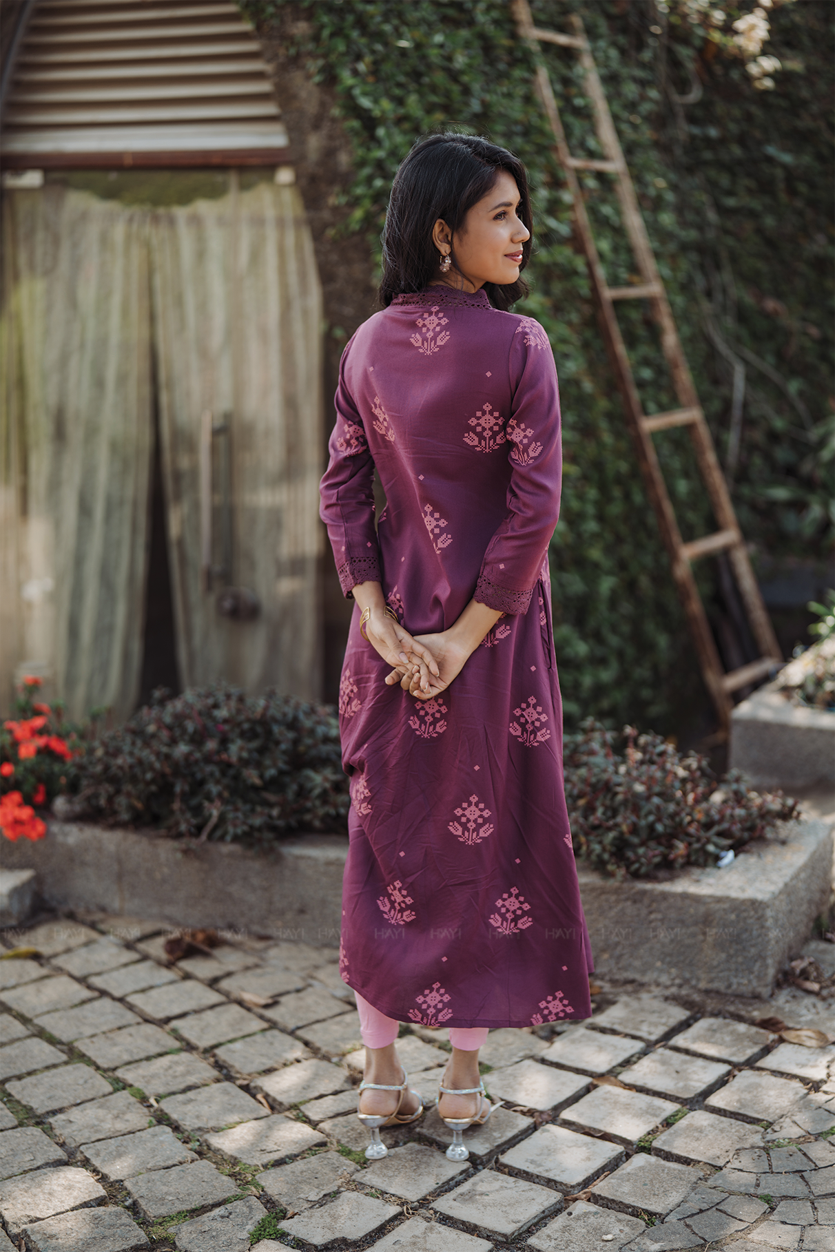 Plumi Pile Brown Viscose A-Line Kurta with V-Neck &amp; 3/4 Sleeves