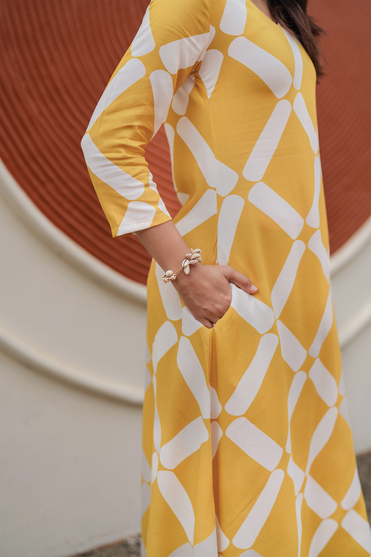 Lemon Prism Yellow Viscose Co-ord with V-Neckline &amp; 3/4th Sleeves