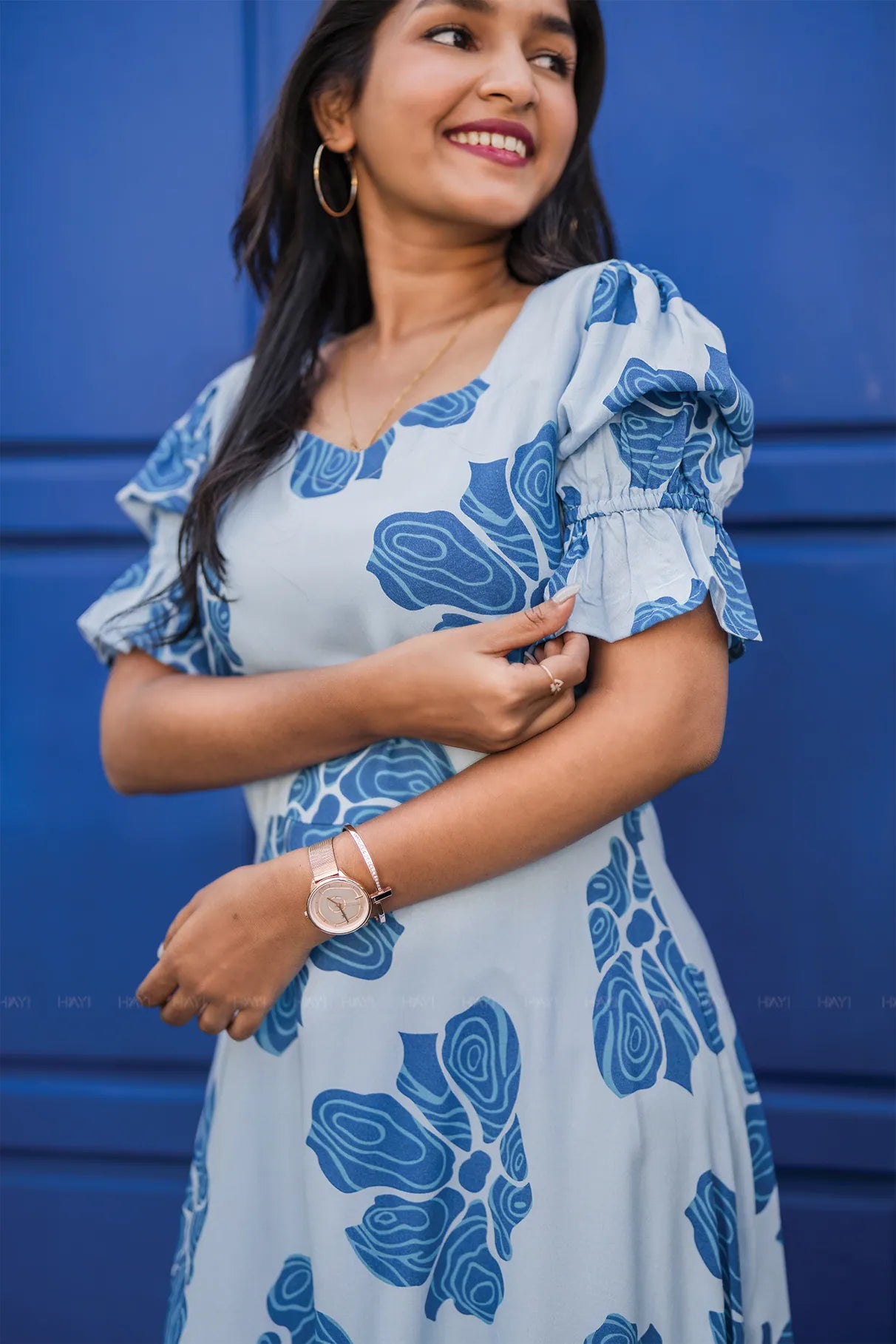 Cloud Tale Blue Viscose Dress with Sweetheart Neck &amp; Elasticated Frill Sleeves