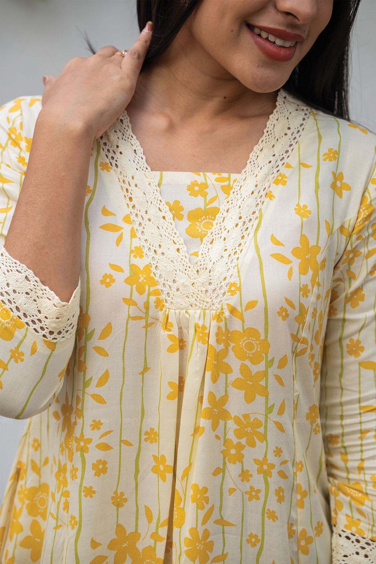 Liora Floral Line Yellow Viscose A-Line Kurta with V-Neck &amp; 3/4th Sleeves
