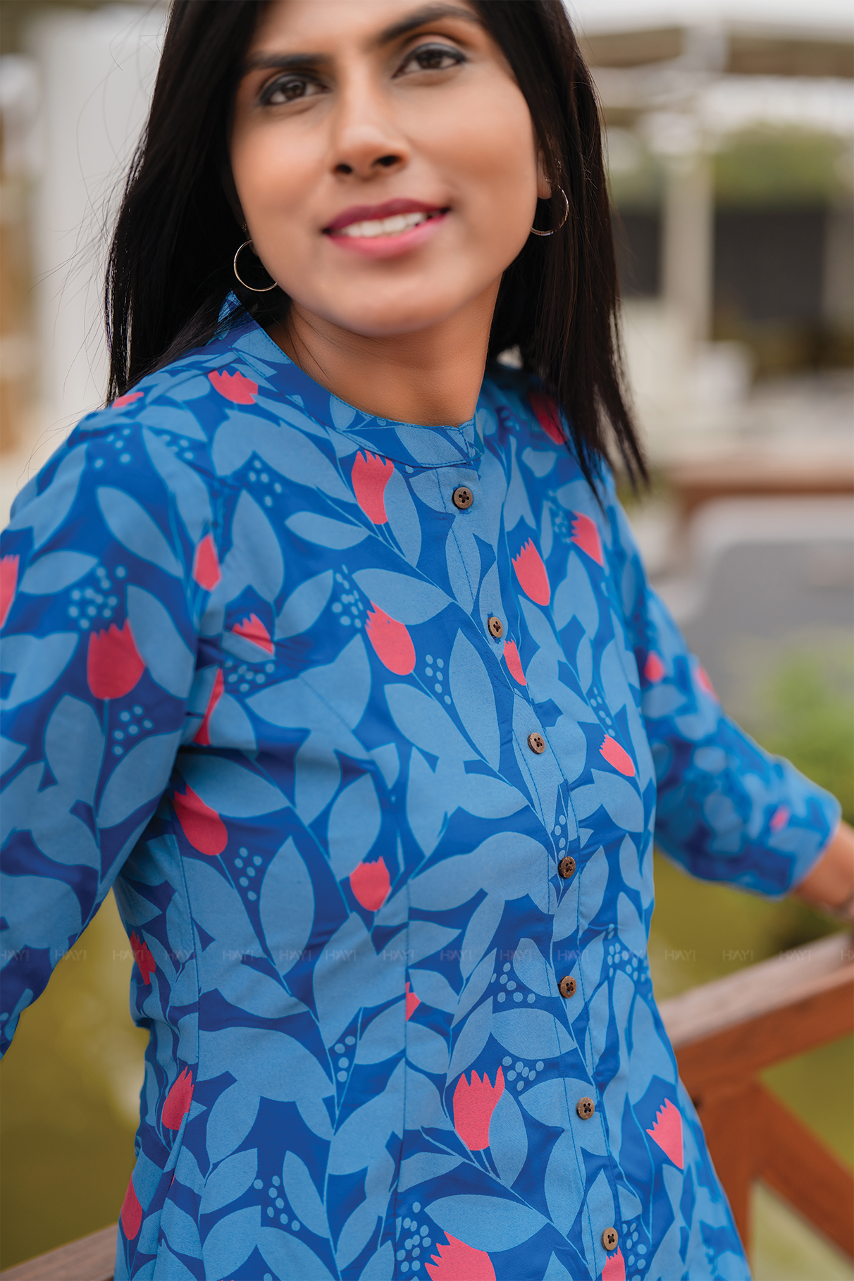 Bloomie Blue Viscose A-Line Kurta with Chinese Collar &amp; 3/4 Sleeves