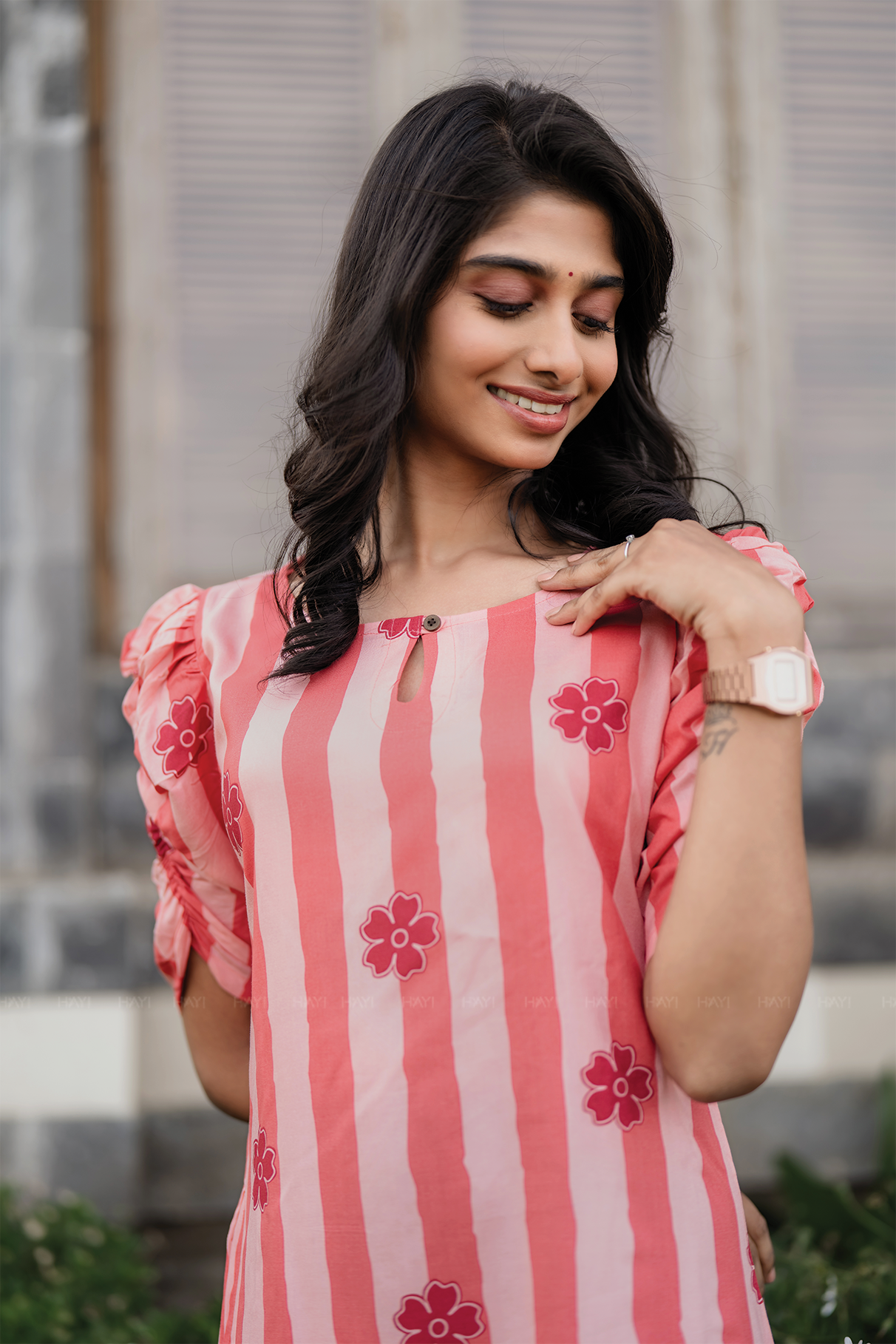 Peachy Stripes Viscose Kurta with Ruched Sleeves