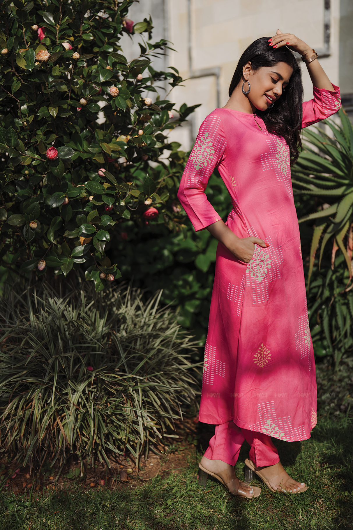 Fuchisa Charm Pink Viscose Co-ord with Boat Neck &amp; 3/4th Sleeves