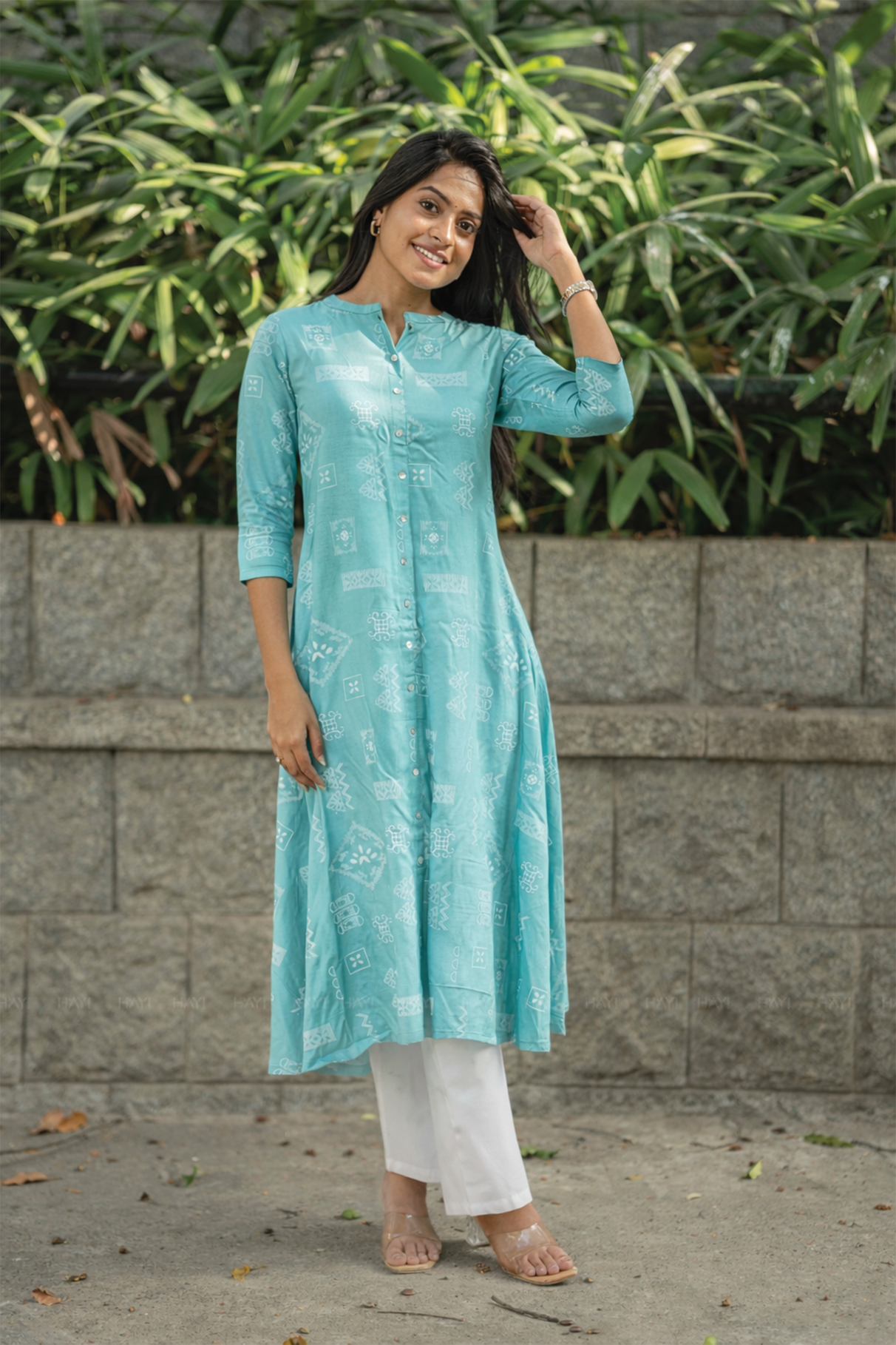 Mist Loom Blue Viscose A-Line Kurta with Chinese Collar &amp; 3/4th Sleeves