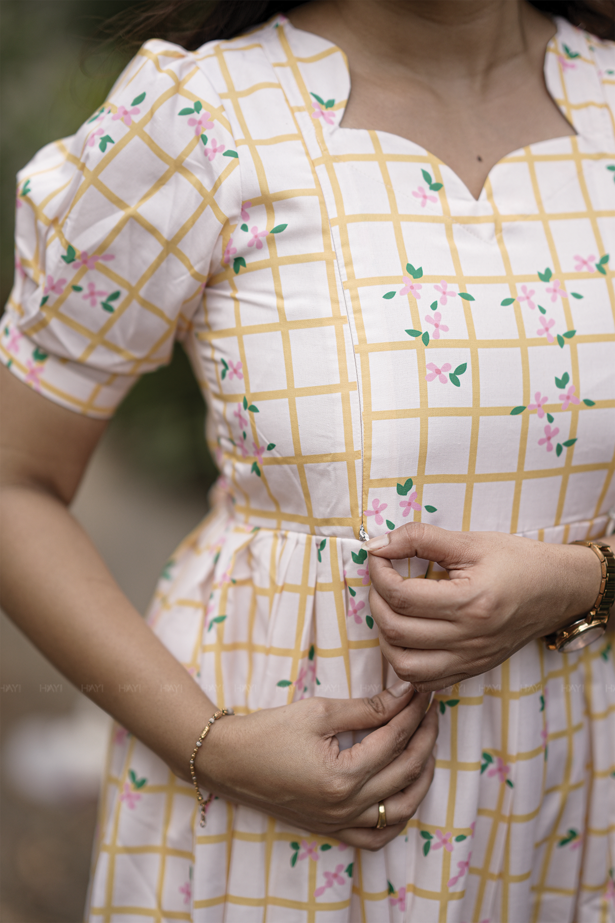 Florentia Grid Yellow Printed Maternity and Feeding maxi Dress