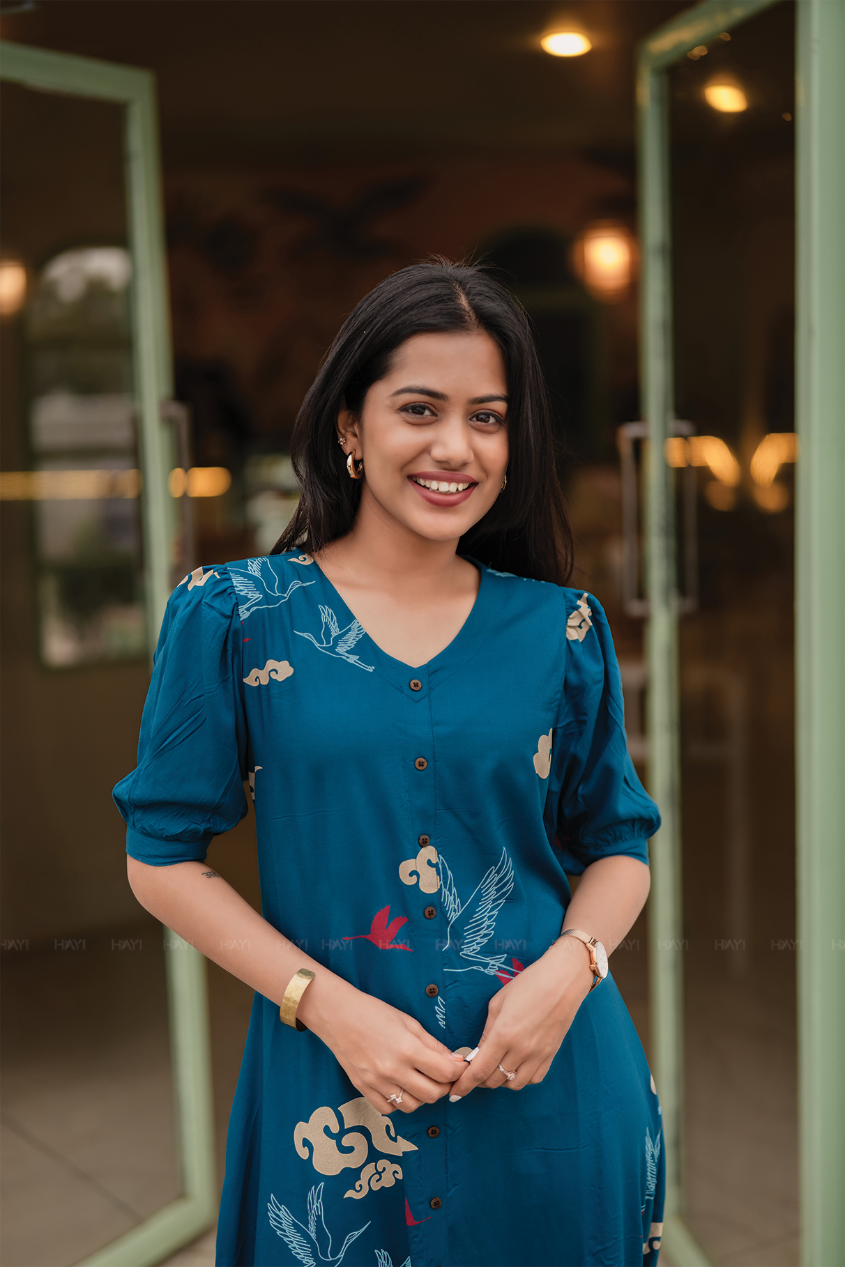 Breeze Birds Teal Viscose A-Line kurta with V-Neck &amp; Puff Sleeves