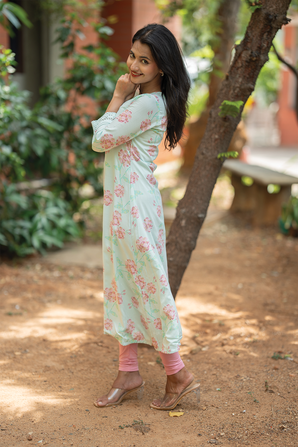 Pastelmist Lora Blue Viscose A-Line Kurta with V-Neck &amp; 3/4th Sleeves