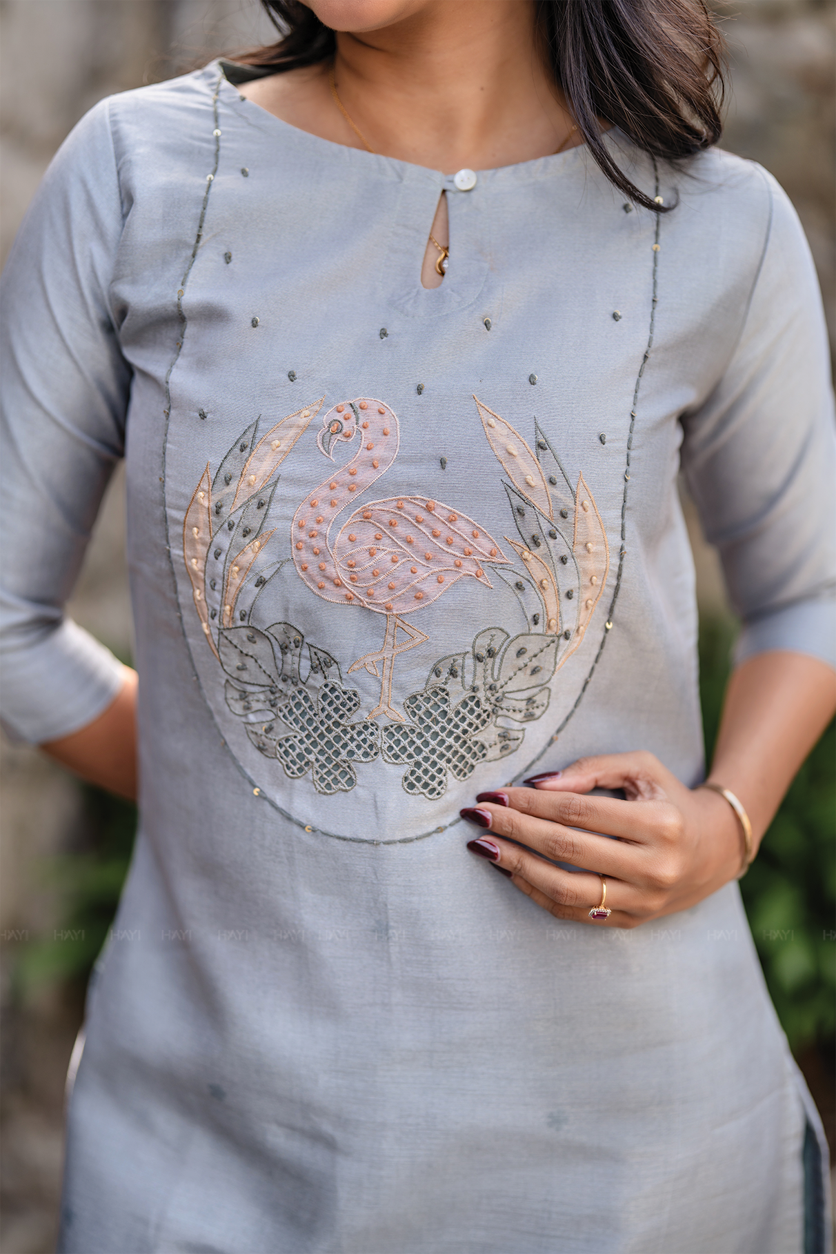 Swanstone Grey Embroidered Tussar Silk Kurta Set