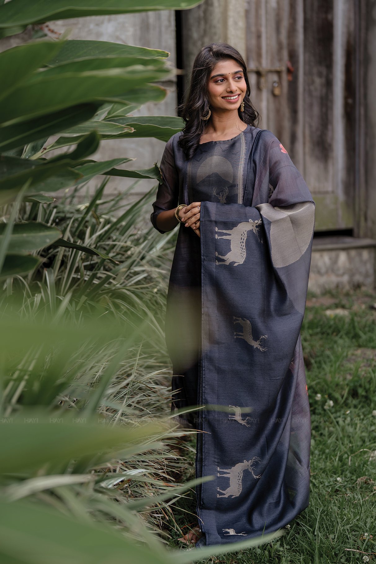 Graphite Elegance Printed Tussar Silk Kurta Set with Dupatta