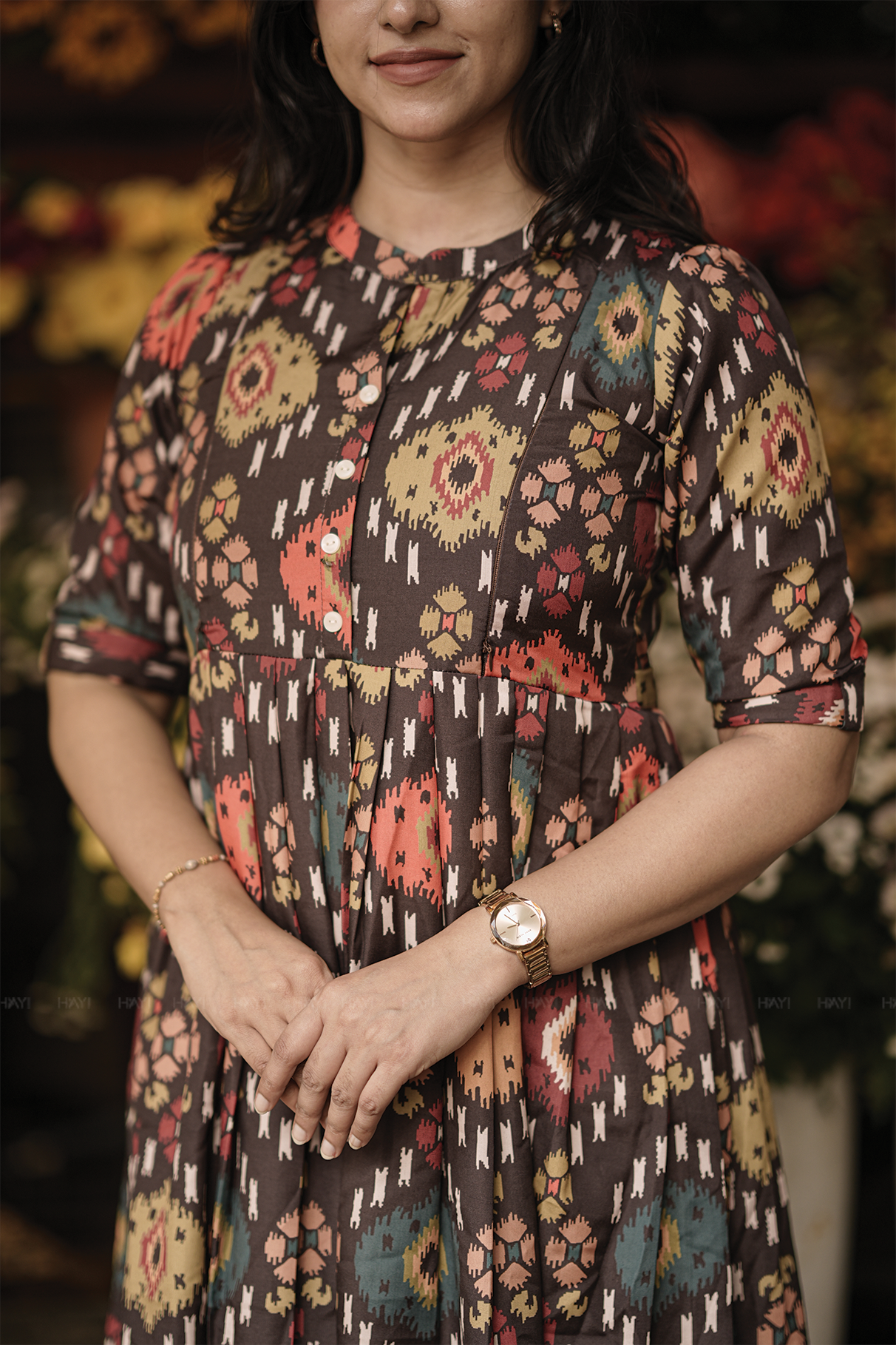 Browie Ikat Brown Printed Maternity and Feeding Maxi Dress
