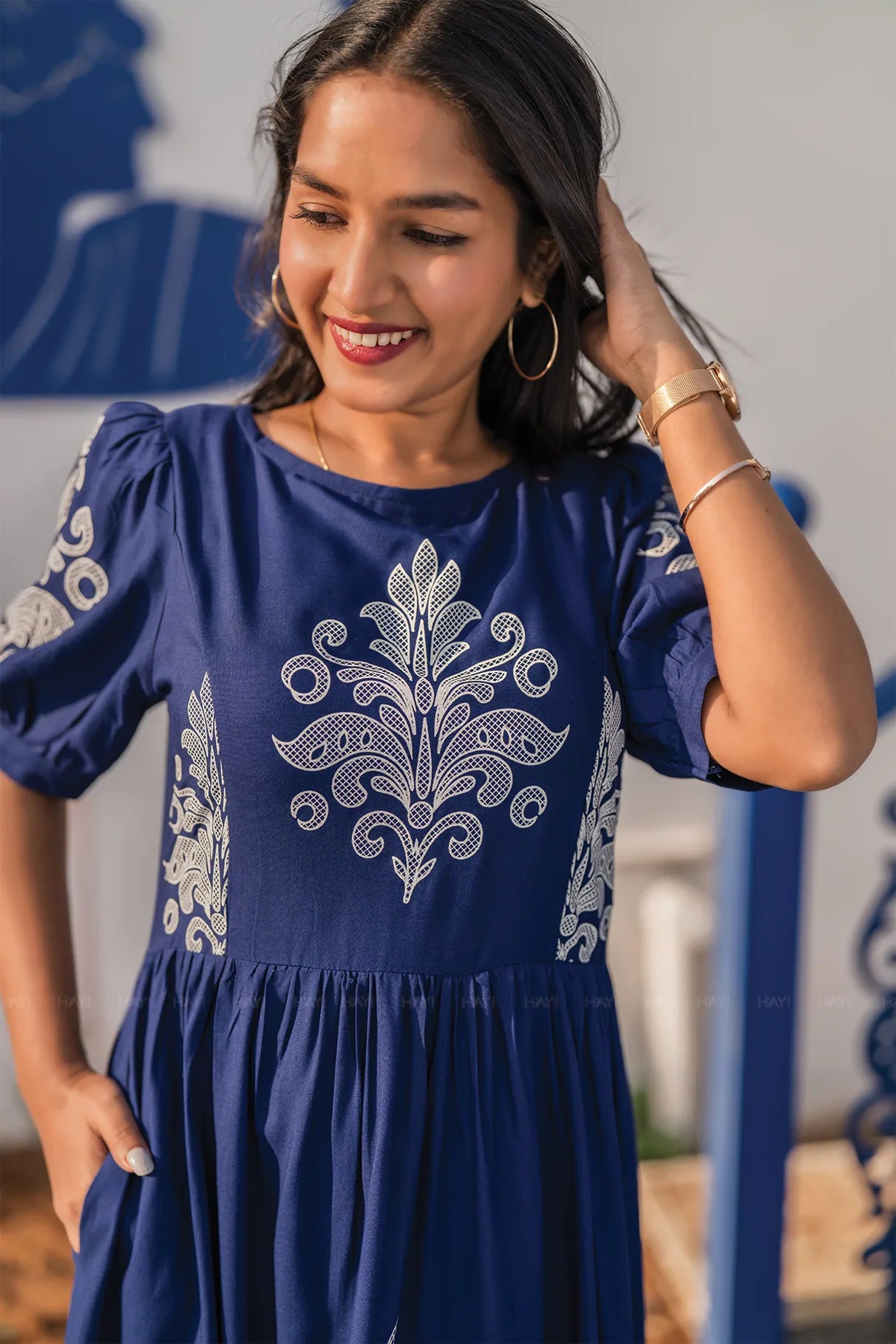 Ornate Panel Blue Viscose Dress with Boat Neck &amp; Puff Sleeves