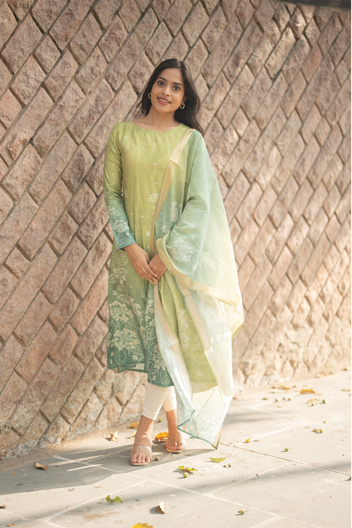 Pistachio Petal Printed 2 Piece Bombay Silk Blend Kurta with Dupatta