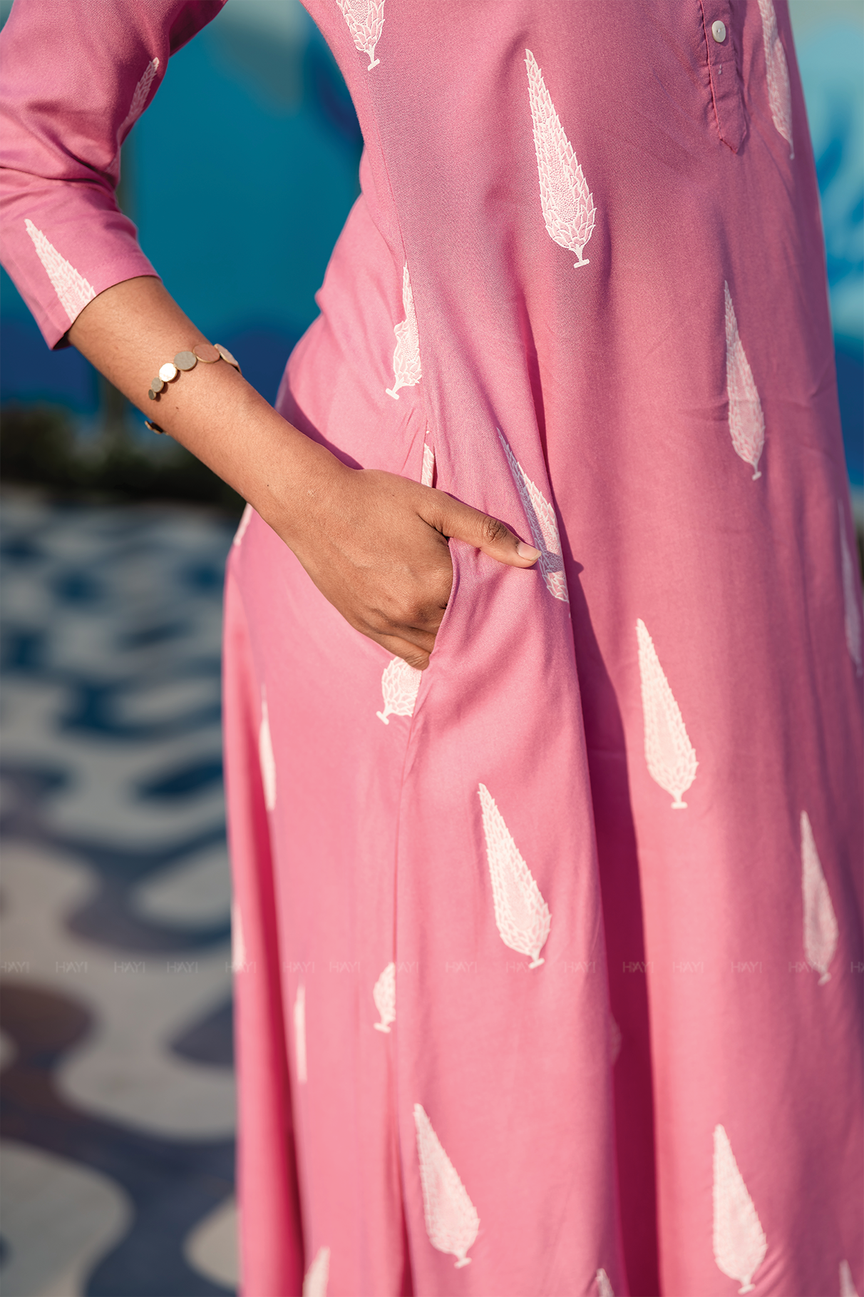 Blush Fern Onion Pink Viscose A-Line Kurta with Chinese Collar &amp; 3/4th Sleeves