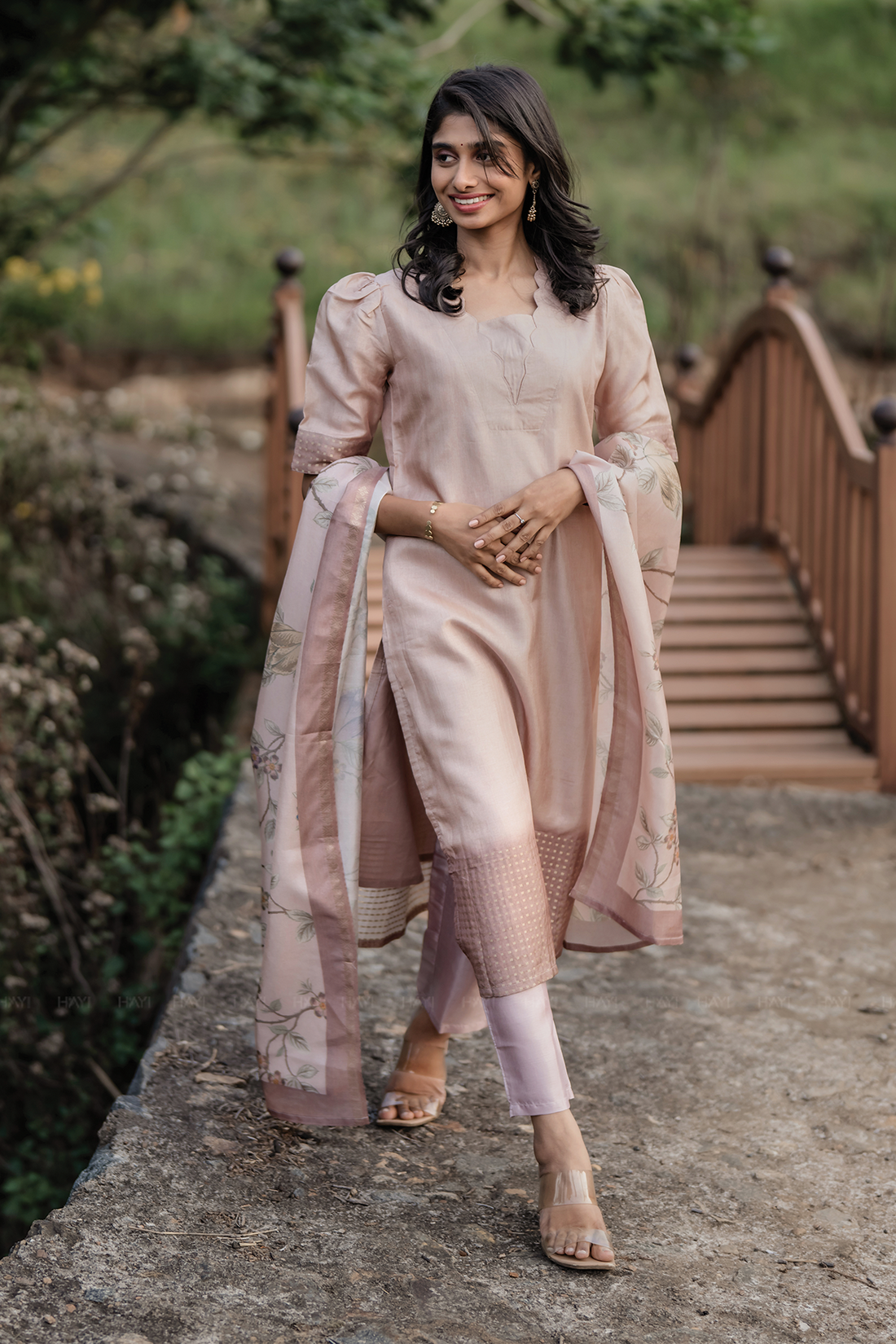 Soft Mauve Scallop Grace Tussar Silk 3 Piece Kurta Set with Dupatta