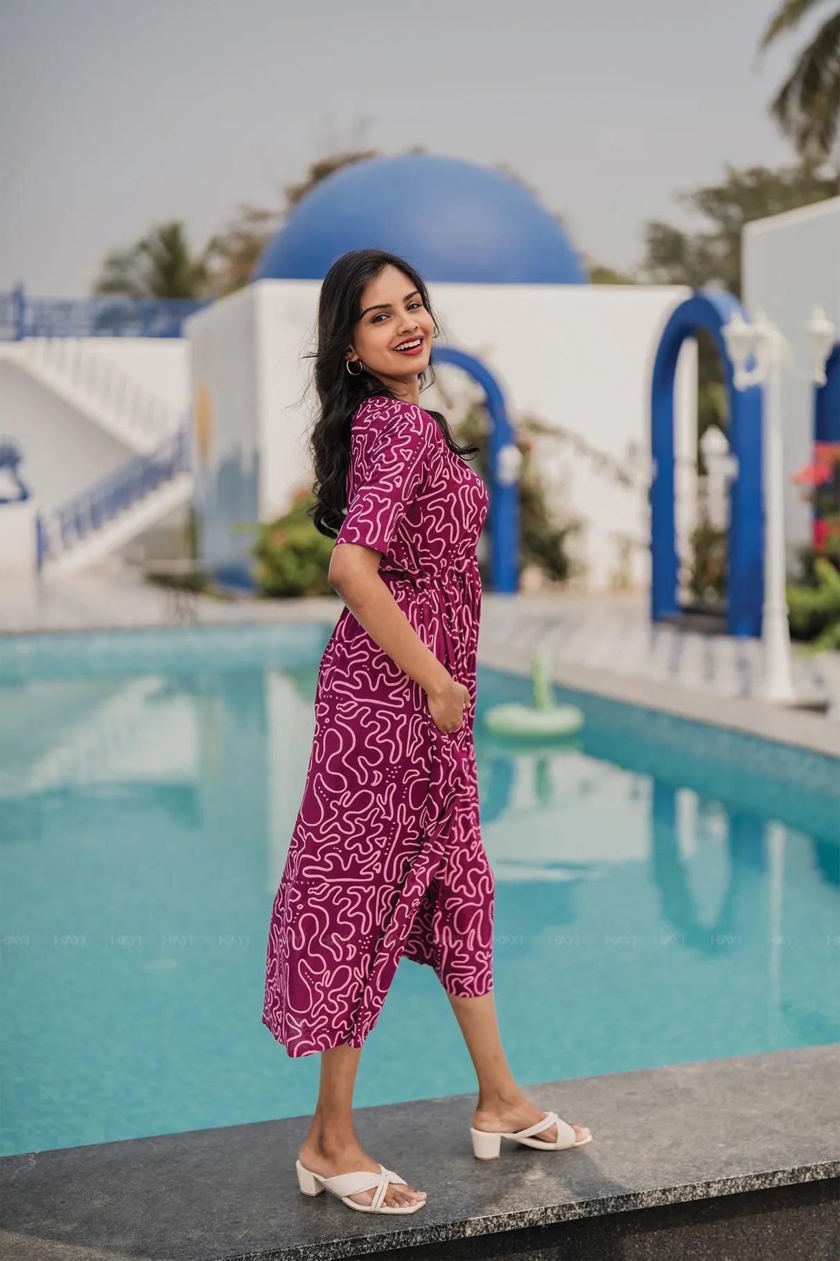 Tonal Wave Violet Viscose Dress with Round Neck &amp; Elbow Sleeves