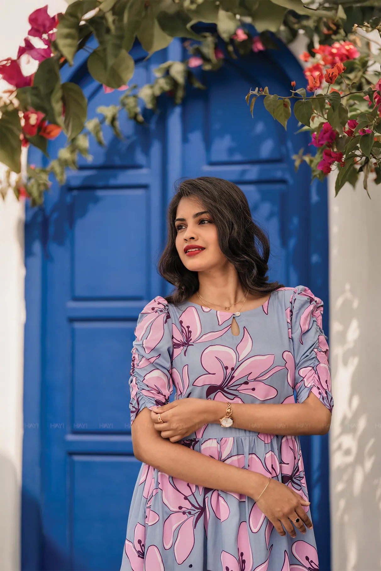 Drifting Blossoms Blue Viscose Dress with Boat Neck &amp; Ruched Sleeves