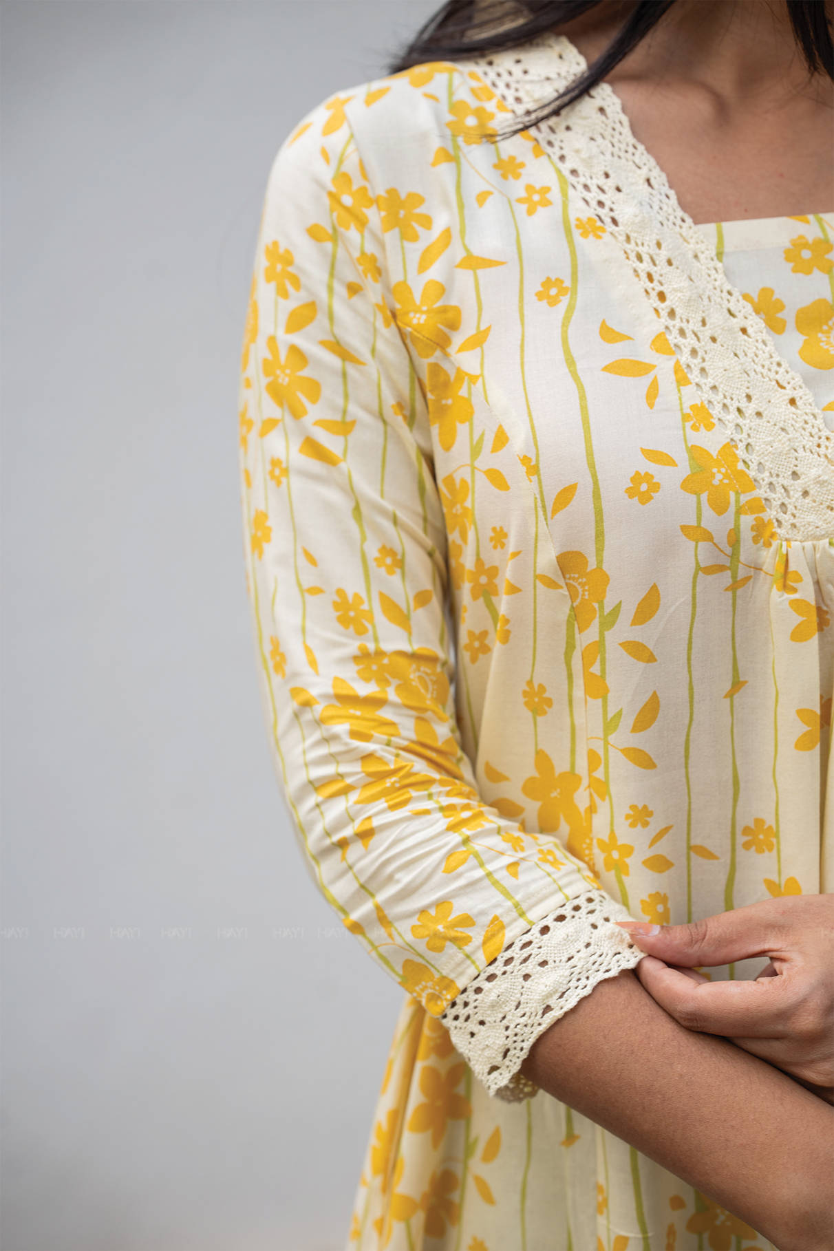 Liora Floral Line Yellow Viscose A-Line Kurta with V-Neck &amp; 3/4th Sleeves