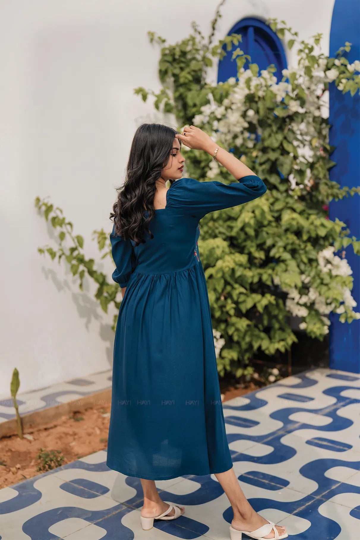 Regal Bloom Teal Viscose Dress with Square Neck &amp; 3/4th Sleeves