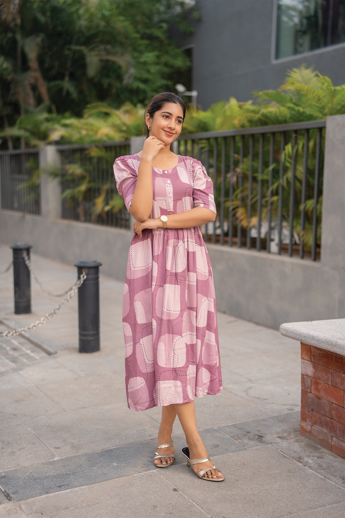 Dusty Calm Mauve Printed Maternity and Feeding Viscose Dress