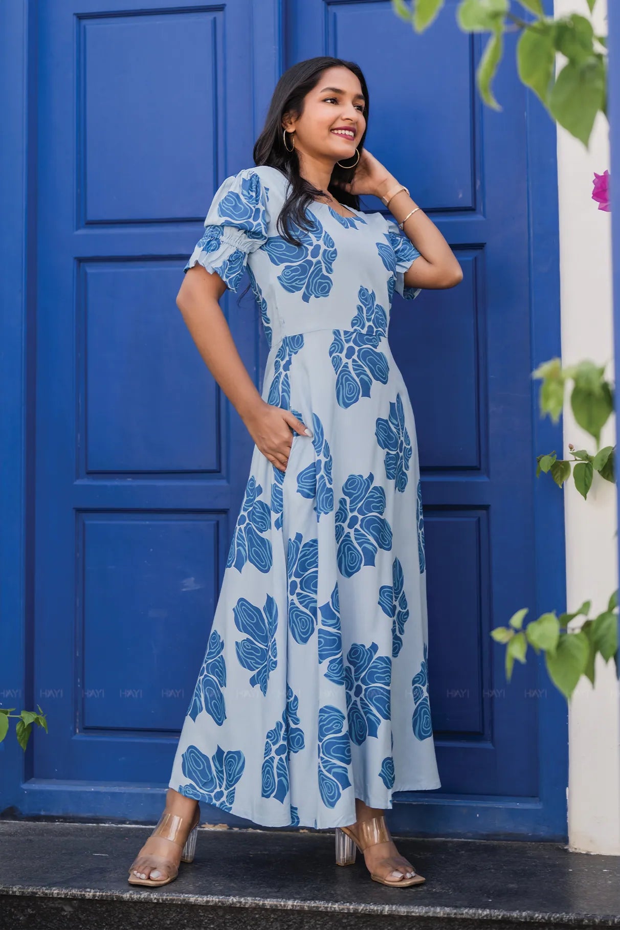 Cloud Tale Blue Viscose Dress with Sweetheart Neck &amp; Elasticated Frill Sleeves