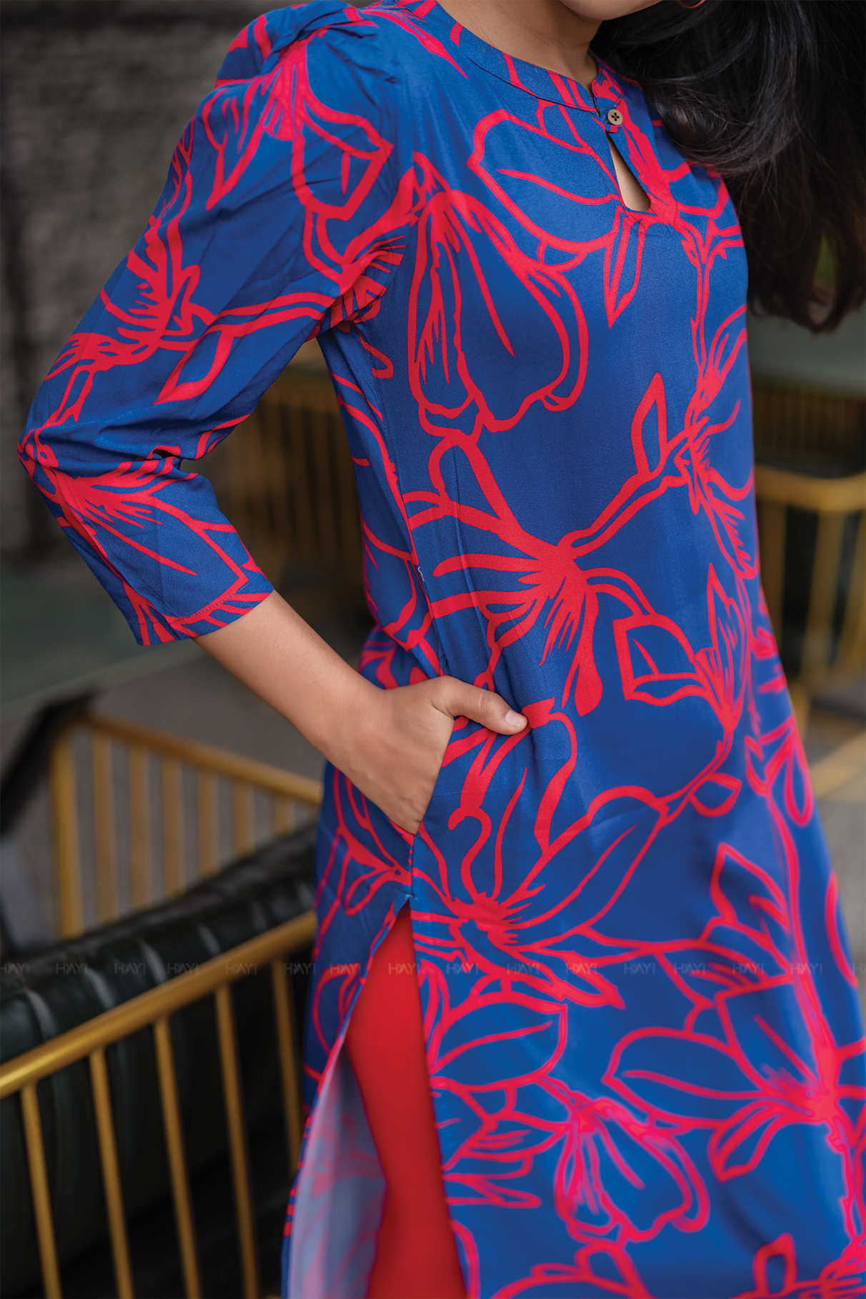 Bluetail Viscose Kurta with Chinese Collar &amp; 3/4 Sleeves