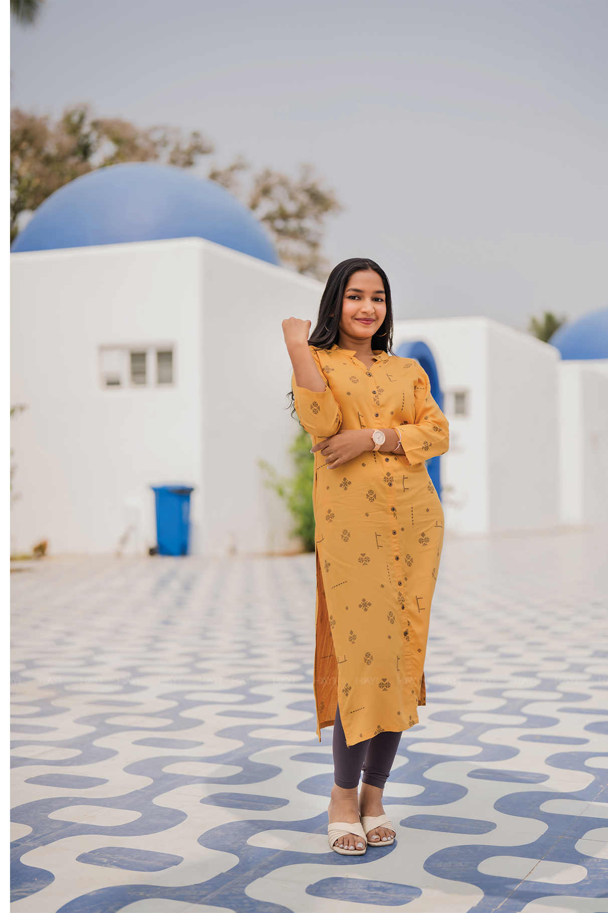 Terra Stitch Yellow Viscose Kurta with Chinese Collar &amp; 3/4 Sleeves