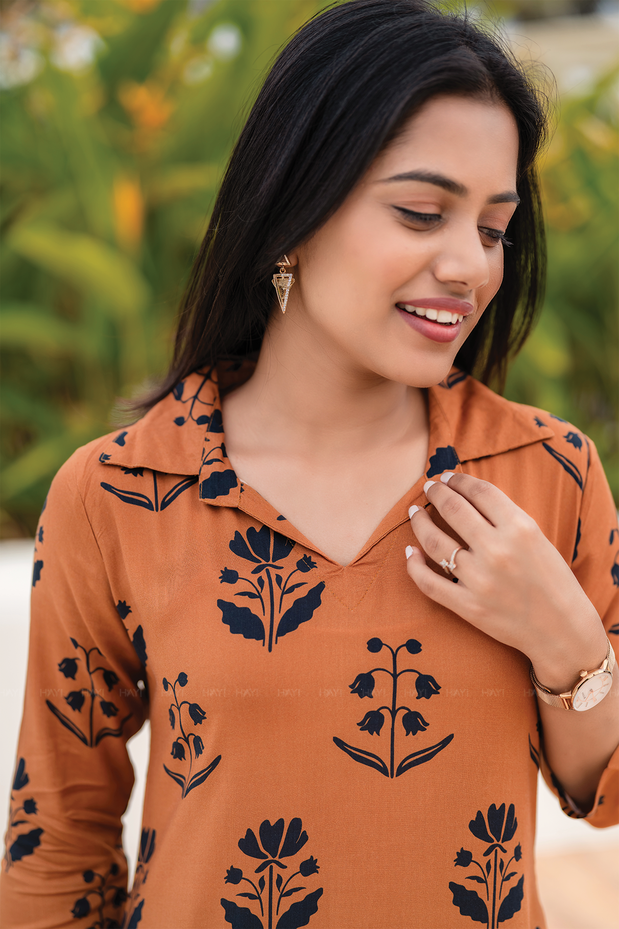 Muds Tone Orange Viscose Co-ord with Shirt Neckline &amp; 3/4th Sleeves