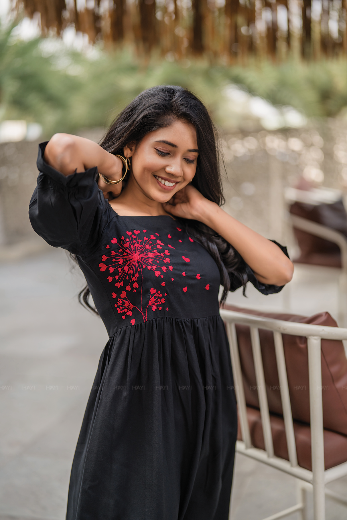 Wounded Rose Black Viscose Embroidered Dress with Square Neck &amp; Elasticated Frill Sleeve Cuffs