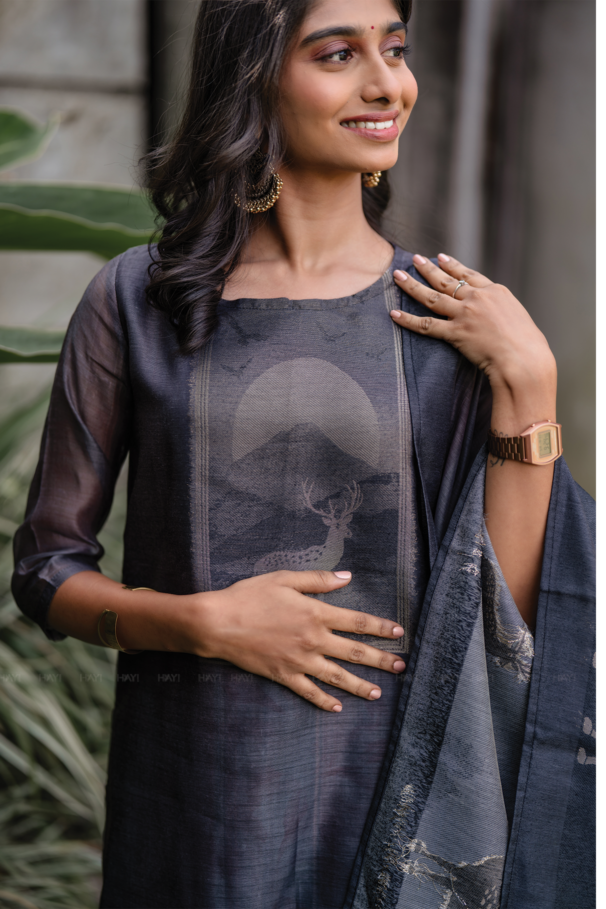Graphite Elegance Printed Tussar Silk Kurta Set with Dupatta