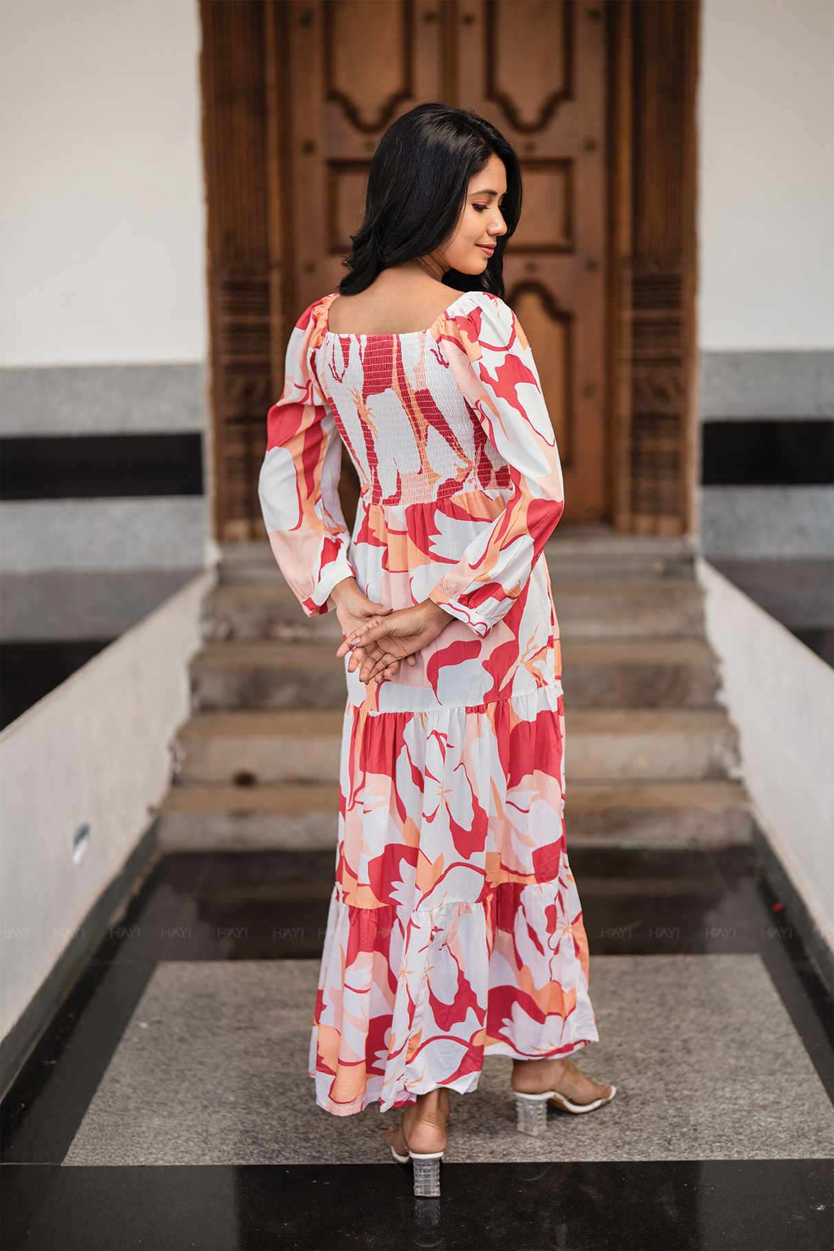 Sweet Sunset Beige Viscose Dress with Square Neckline &amp; 3/4 Sleeves with Gathered Cuffs