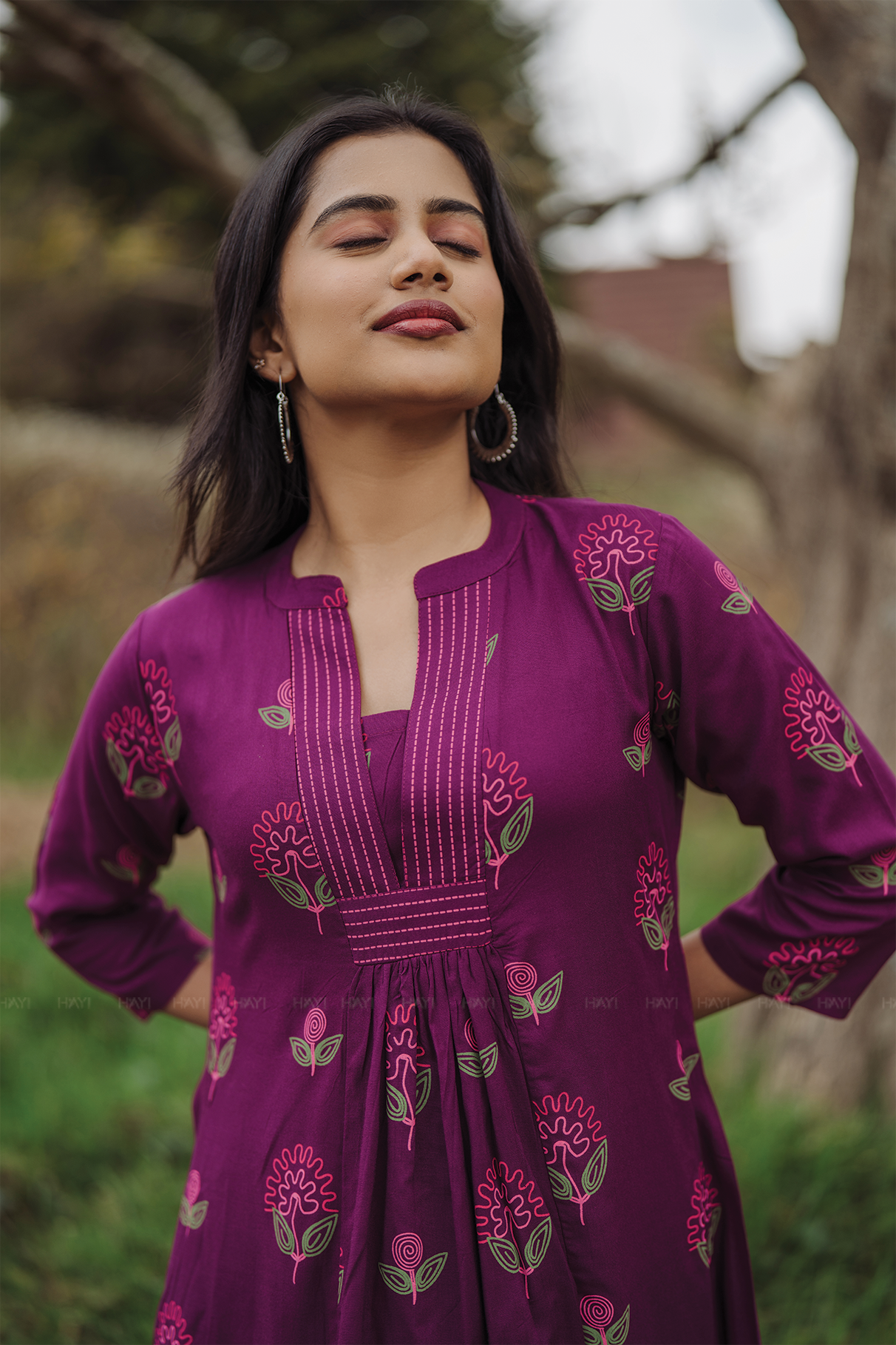 Twilight Flower Violet Viscose Co-ord with Chinese Collar &amp; 3/4th Sleeves