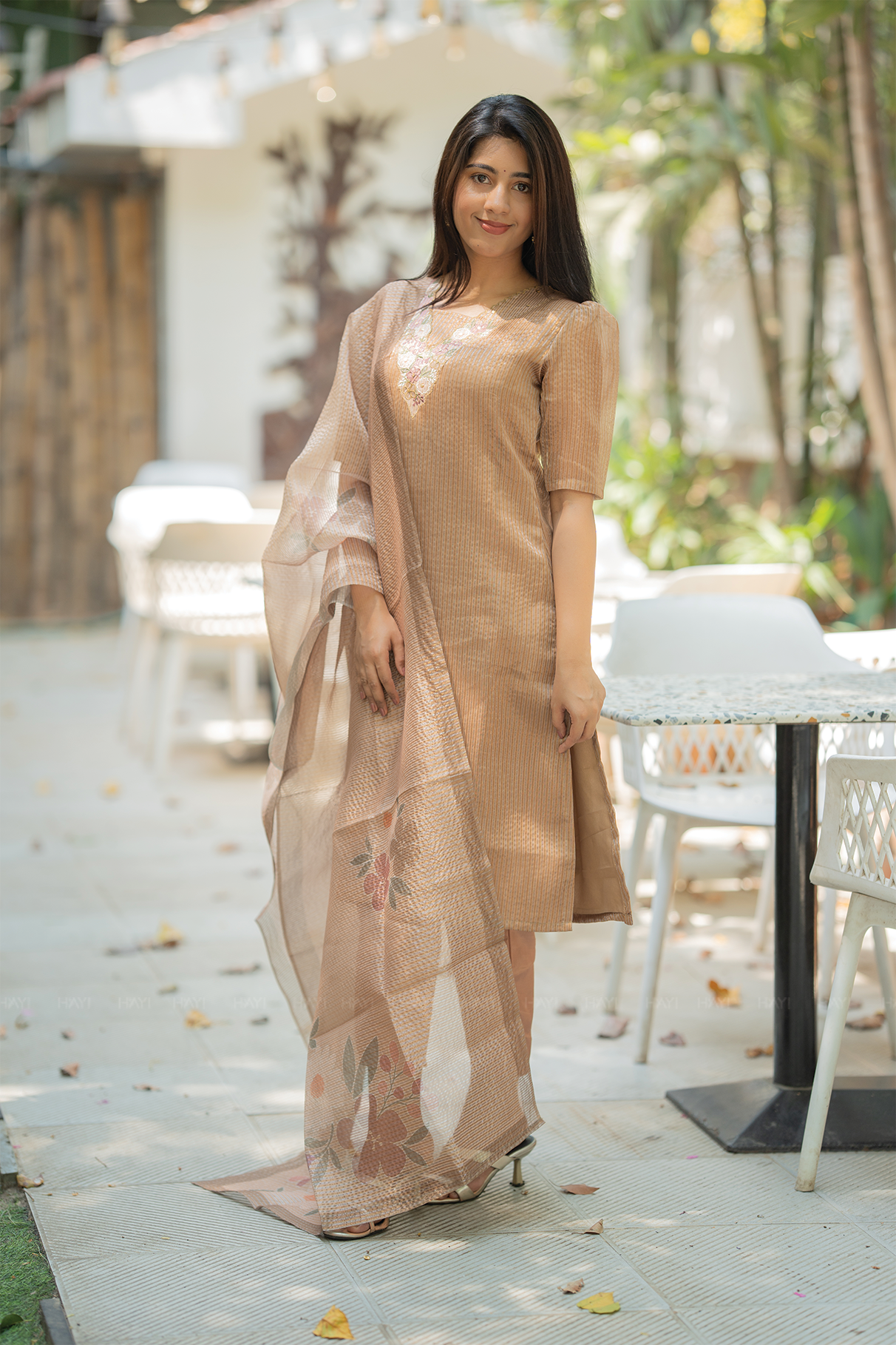 Serene Beige Floral Yellow Crush Silk Kurta Set with Dupatta