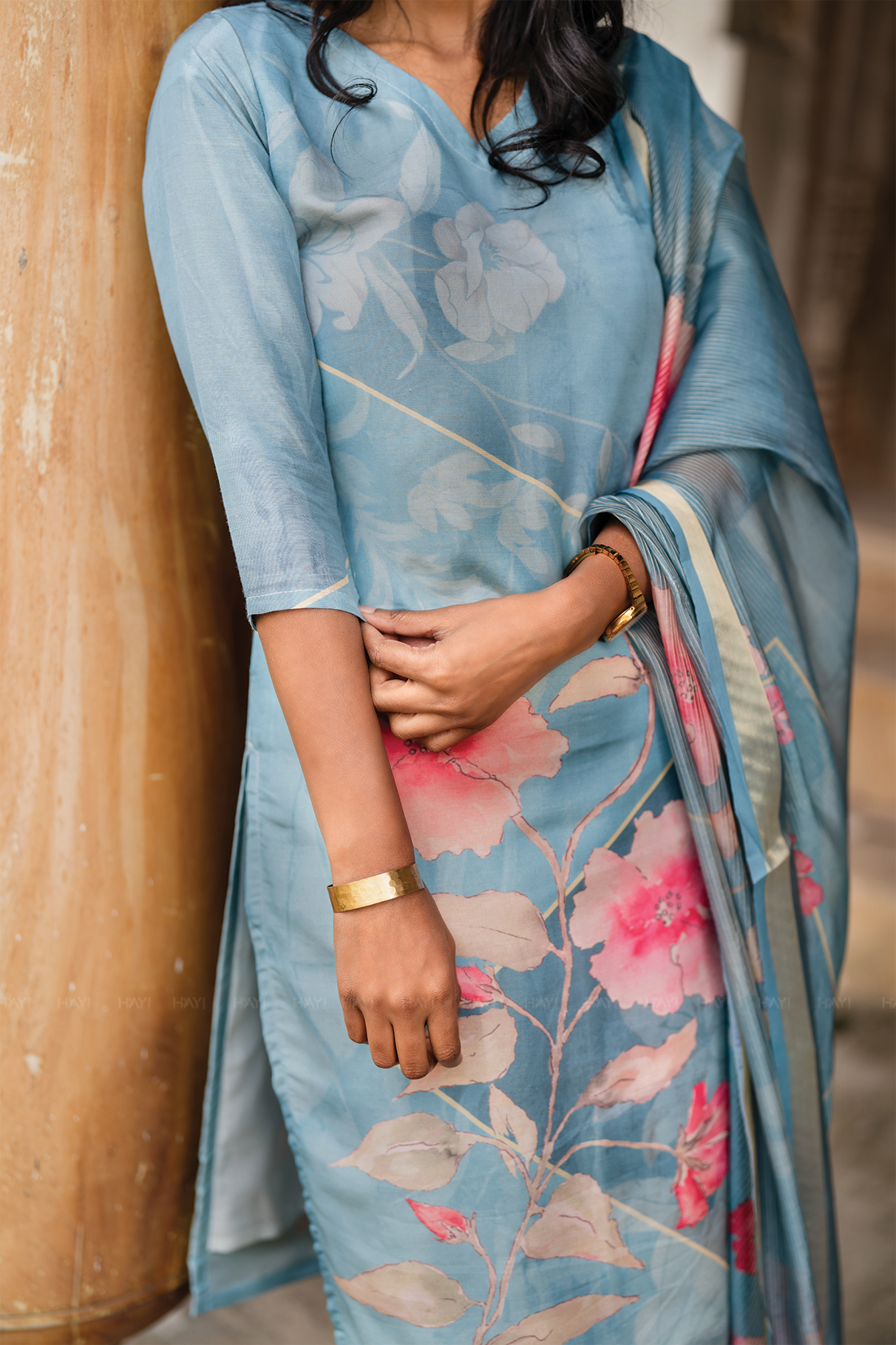 Blush Horizon Blue 3 Piece Shimmer Tissue Blend Floral Placement Print Kurta with Pant &amp; Dupatta