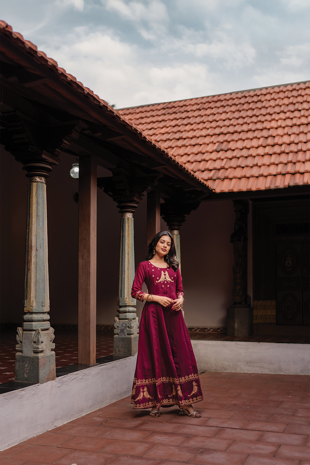 Birdveil Plum Viscose Placement Print Embroidered Anarkali with Round Neck &amp; 3/4th Sleeves
