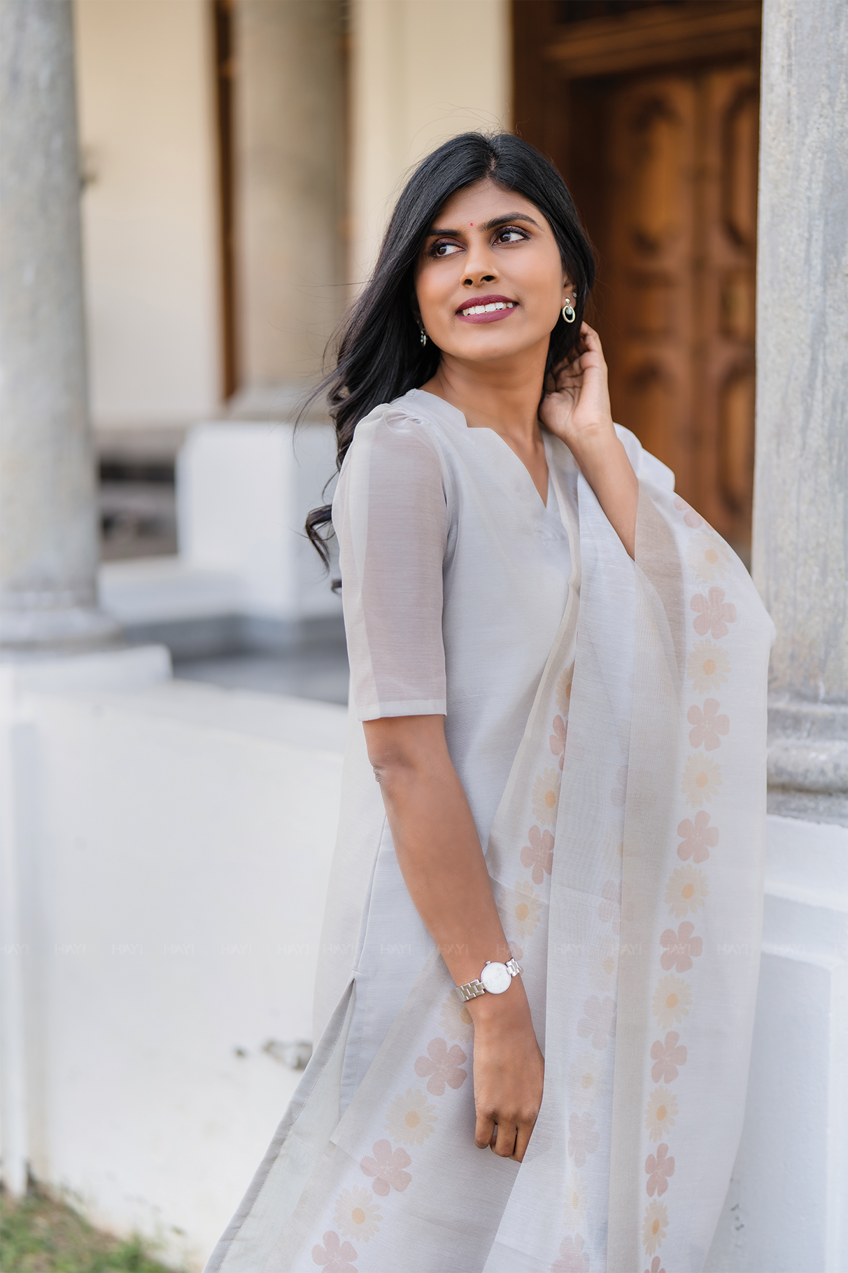 Silver Blossom 3 Piece Silk Blend Hand Embroidery Kurta with Pant &amp; Dupatta