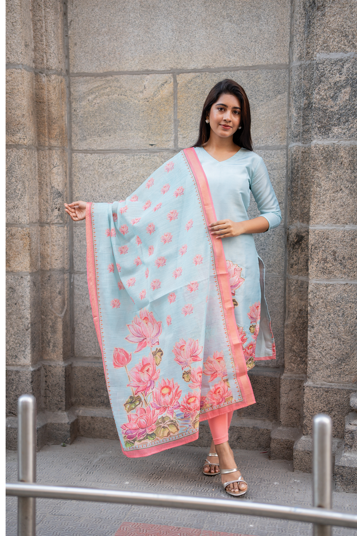 Lotus Mist Blue Printed 3 Piece Shimmer Tissue Kurti Set with Dupatta