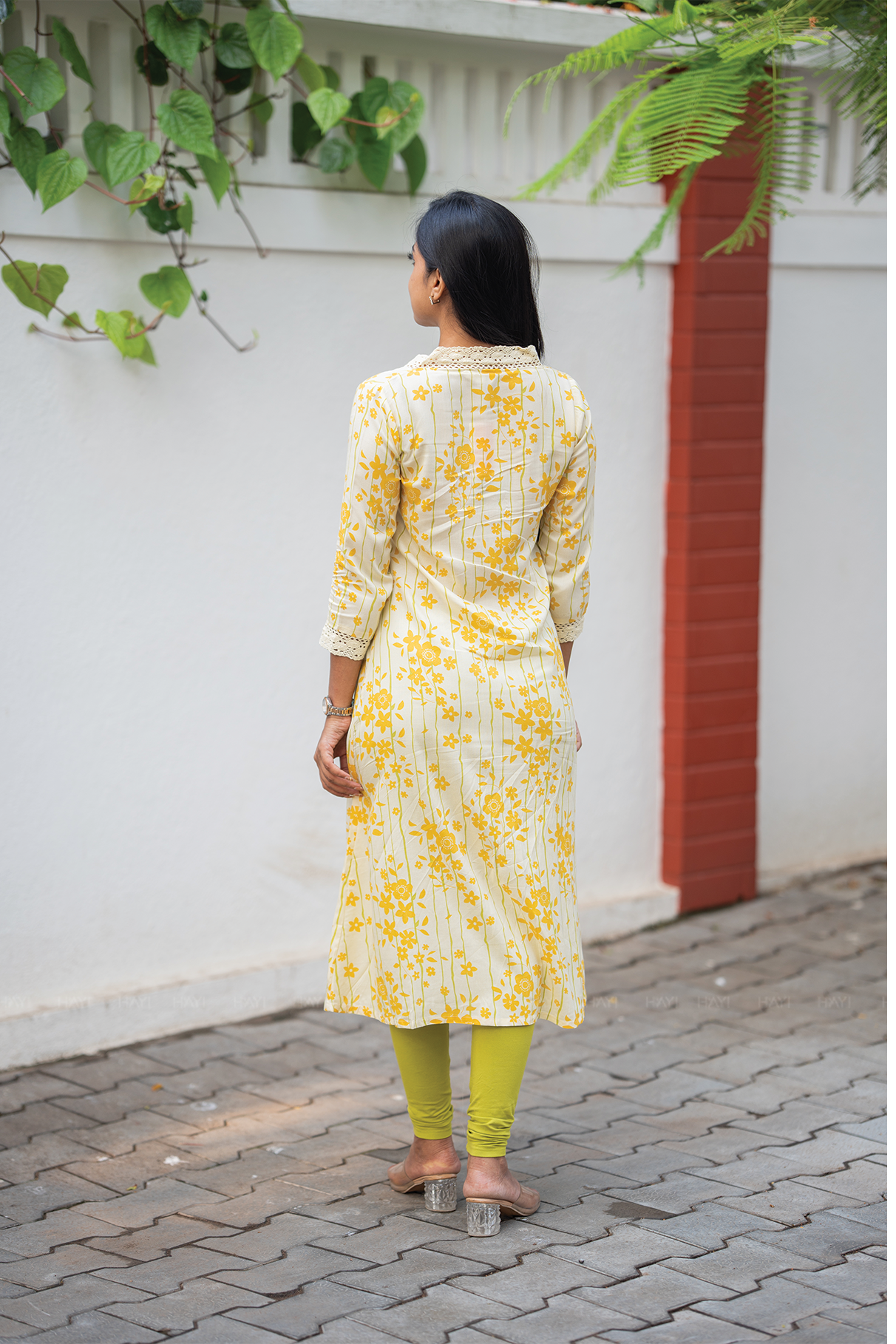 Liora Floral Line Yellow Viscose A-Line Kurta with V-Neck &amp; 3/4th Sleeves