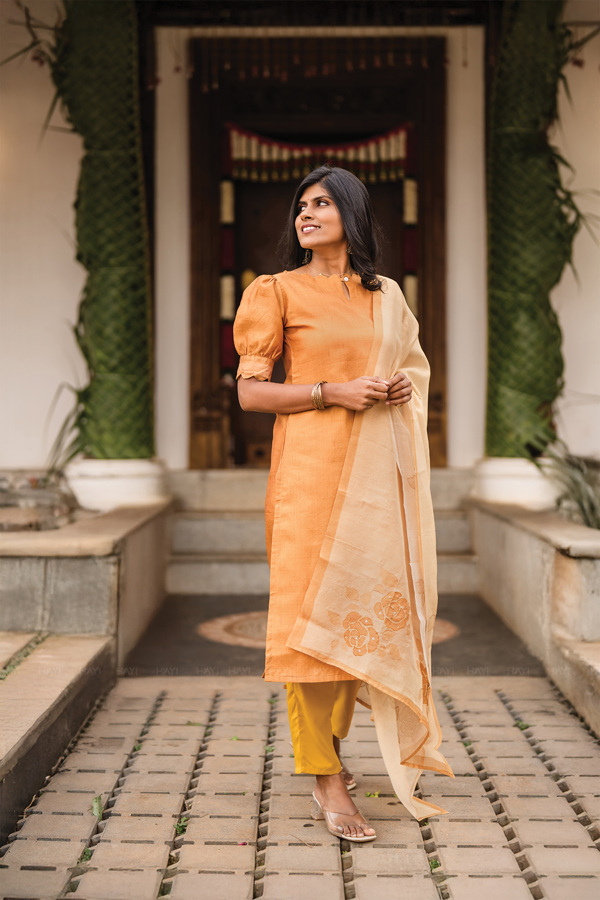 Aurel Yellow 3 Piece Tussar Silk Blend Printed Kurta with Pant &amp; Dupatta