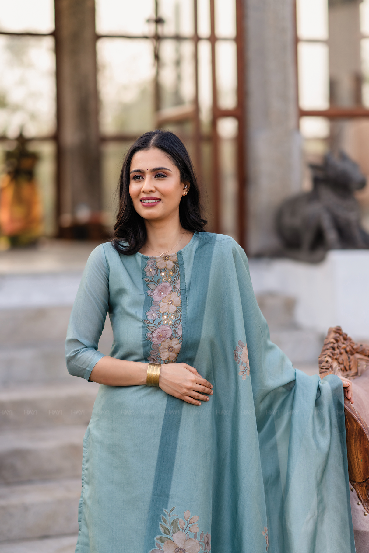 Rustic Charm Green 3 Piece Shimmer Tissue Blend Embroidered &amp; Printed Kurta with Pant &amp; Dupatta