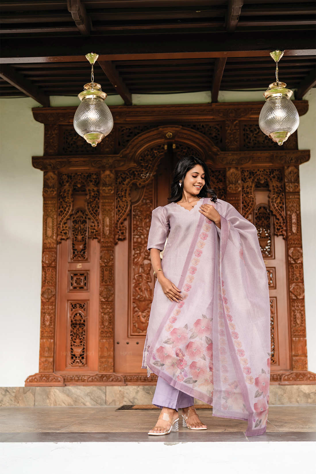 Lilac Blossom 3 Piece Crush Silk Blend Hand-Embroidered Kurta with Pant &amp; Dupatta